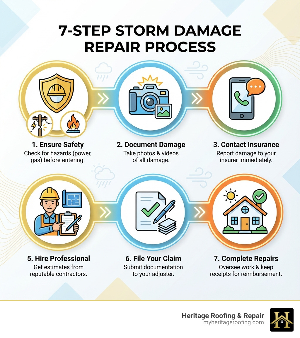 Infographic showing the 7-step process for repairing storm damage: 1) Safety check with icons for power lines and gas leaks, 2) Camera icon for documentation, 3) Phone icon for insurance contact, 4) Tarp and board for temporary repairs, 5) Contractor with clipboard for professional help, 6) Document with checkmark for claim filing, 7) House icon for completed repairs - how to repair storm damage to your home infographic Infographic showing the 7-step process for repairing storm damage: 1) Safety check with icons for power lines and gas leaks, 2) Camera icon for documentation, 3) Phone icon for insurance contact, 4) Tarp and board for temporary repairs, 5) Contractor with clipboard for professional help, 6) Document with checkmark for claim filing, 7) House icon for completed repairs - how to repair storm damage to your home infographic