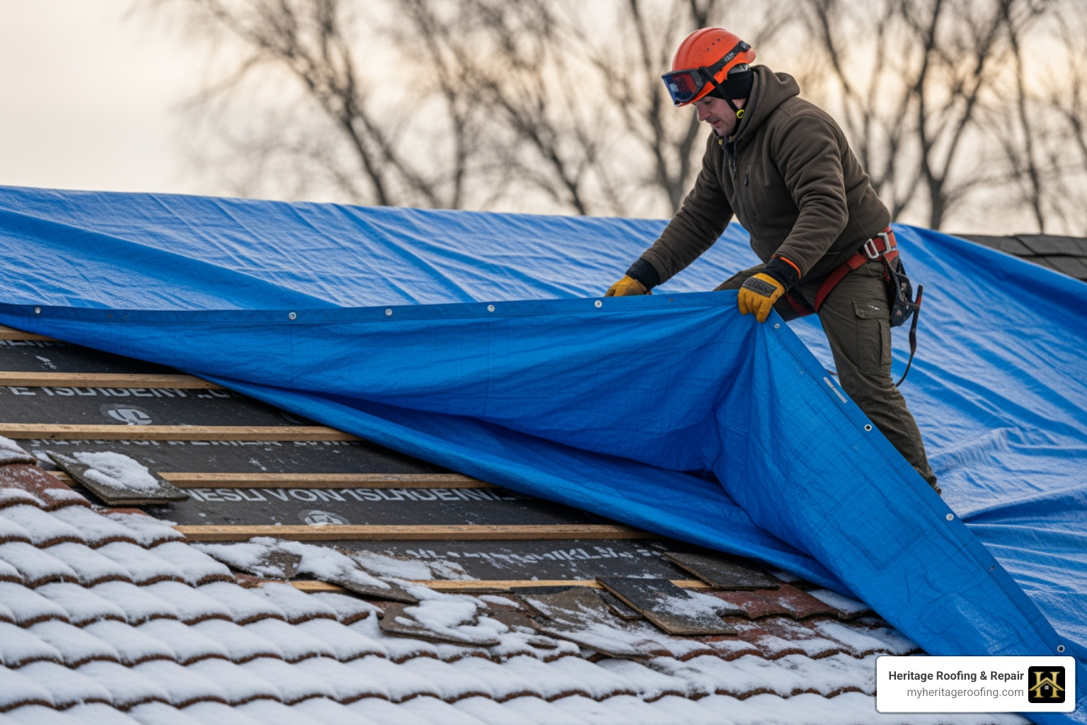 tarp being placed on a roof as a temporary repair - ice dam insurance claim tarp being placed on a roof as a temporary repair - ice dam insurance claim
