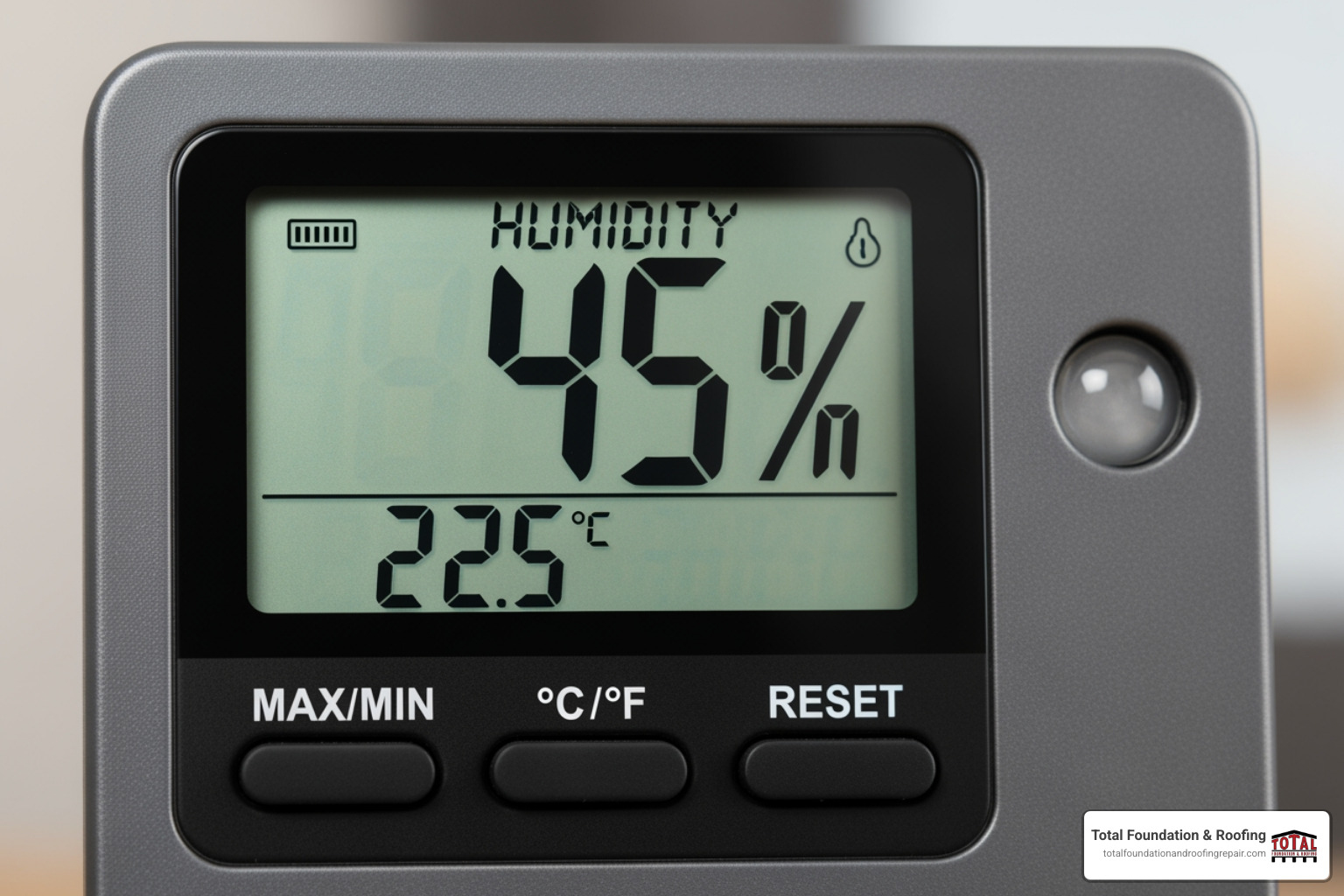 A digital hygrometer showing a healthy indoor humidity level, around 45% - protect from light heat and moisture A digital hygrometer showing a healthy indoor humidity level, around 45% - protect from light heat and moisture