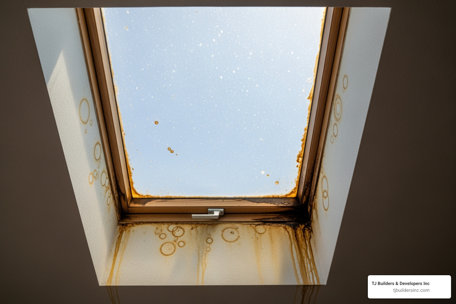 water stains on a ceiling near a skylight - Skylight repair Lakewood