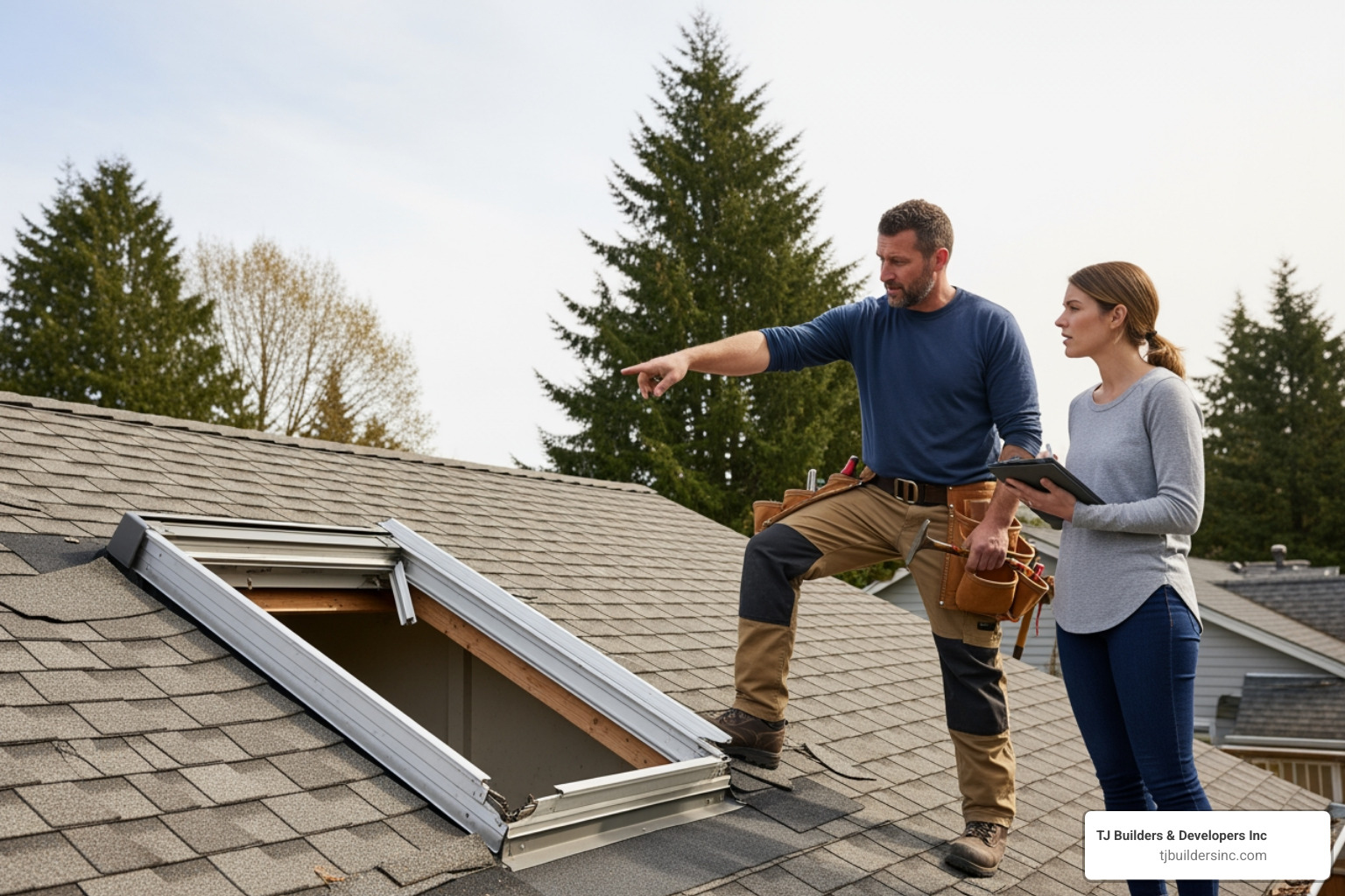 roofer showing a homeowner a damaged skylight frame - Skylight repair Lakewood