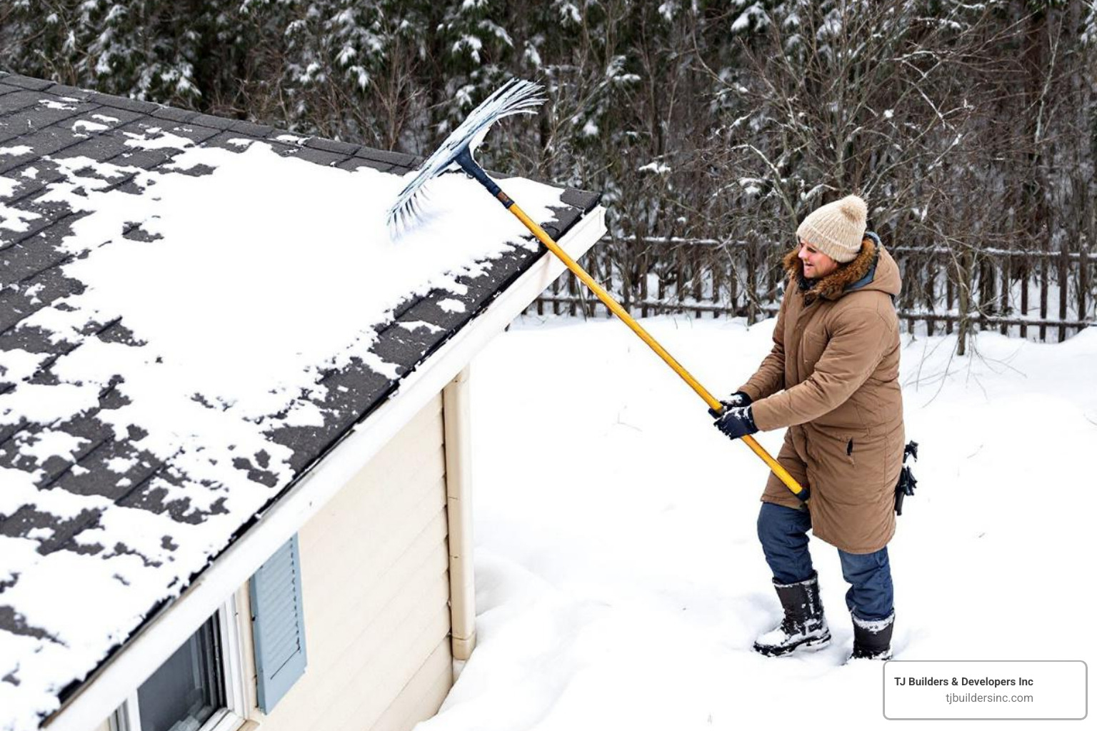 person safely using a roof rake from the ground - roof snow removal