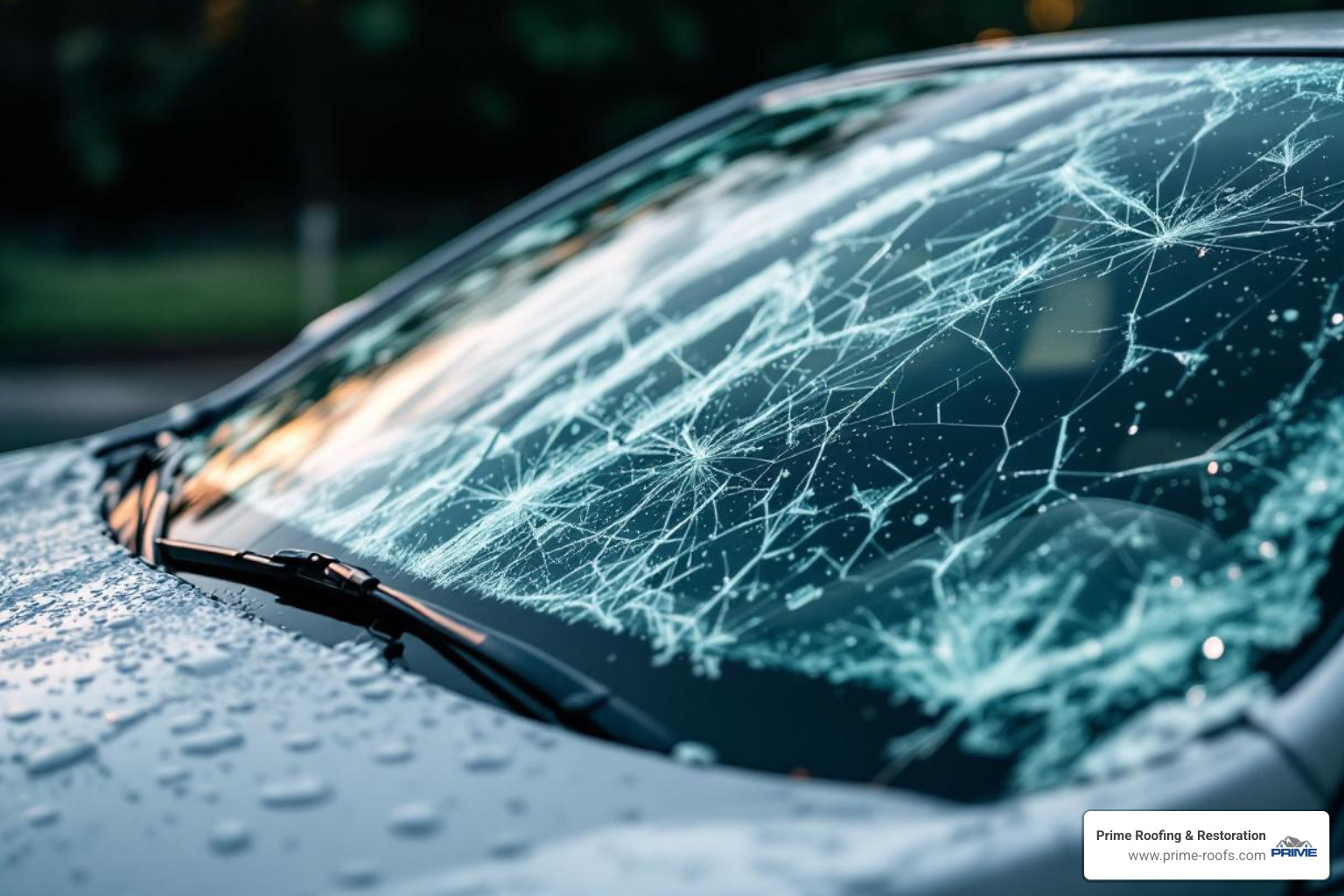image of a car with a cracked windshield and dents from hail - hail damage Alabama