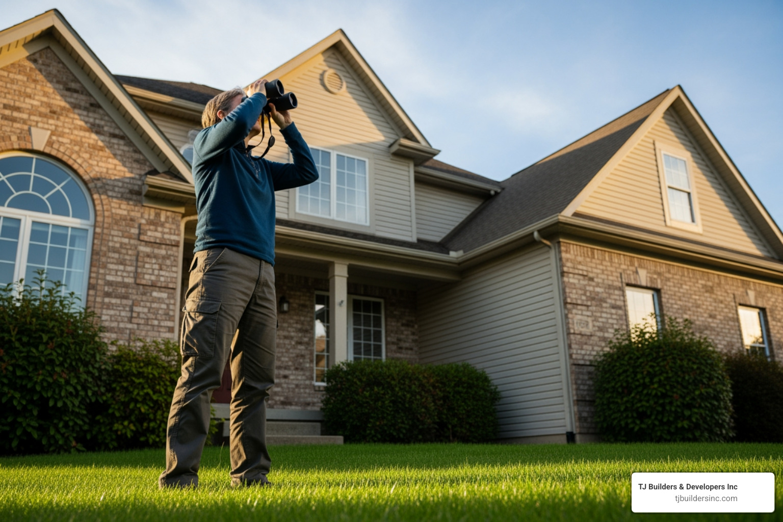 person safely inspecting home exterior from ground with binoculars - Hail damage roof person safely inspecting home exterior from ground with binoculars - Hail damage roof