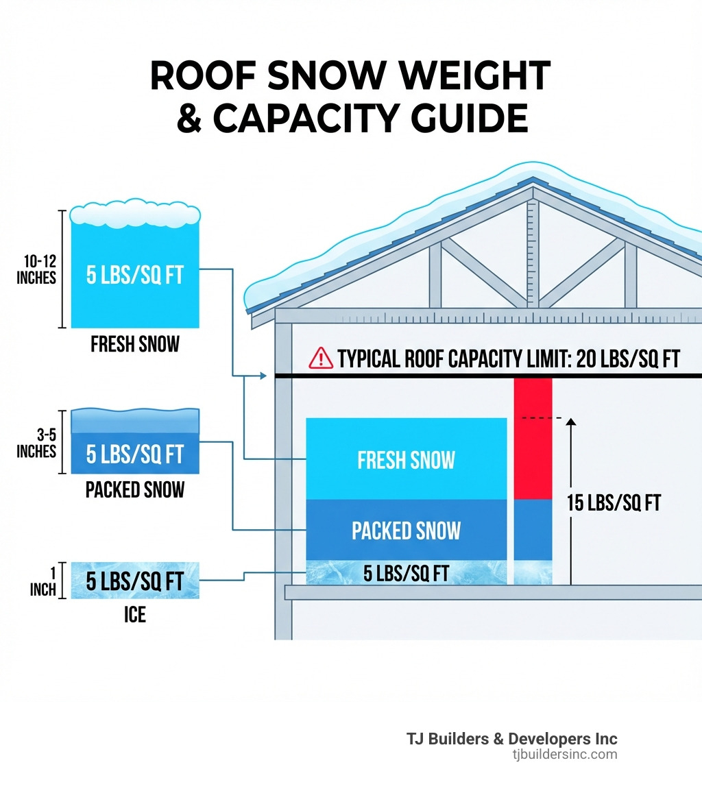 infographic showing snow weight comparison: fresh snow at 10-12 inches equals 5 pounds per square foot, packed snow at 3-5 inches equals 5 pounds per square foot, and ice at 1 inch equals 5 pounds per square foot, with visual representations of a typical roof's 20 pound per square foot capacity limit - roof snow removal infographic 