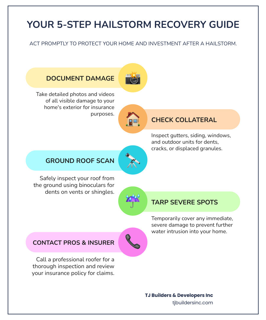 Infographic showing 4 immediate steps after a hailstorm: 1. Document all visible damage with photos and videos, 2. Check gutters, siding, and outdoor items for dents and granules, 3. Inspect your roof from the ground using binoculars for visible damage, 4. Contact a professional roofing contractor for a thorough inspection - Hail damage roof infographic infographic-line-5-steps-colors Infographic showing 4 immediate steps after a hailstorm: 1. Document all visible damage with photos and videos, 2. Check gutters, siding, and outdoor items for dents and granules, 3. Inspect your roof from the ground using binoculars for visible damage, 4. Contact a professional roofing contractor for a thorough inspection - Hail damage roof infographic infographic-line-5-steps-colors