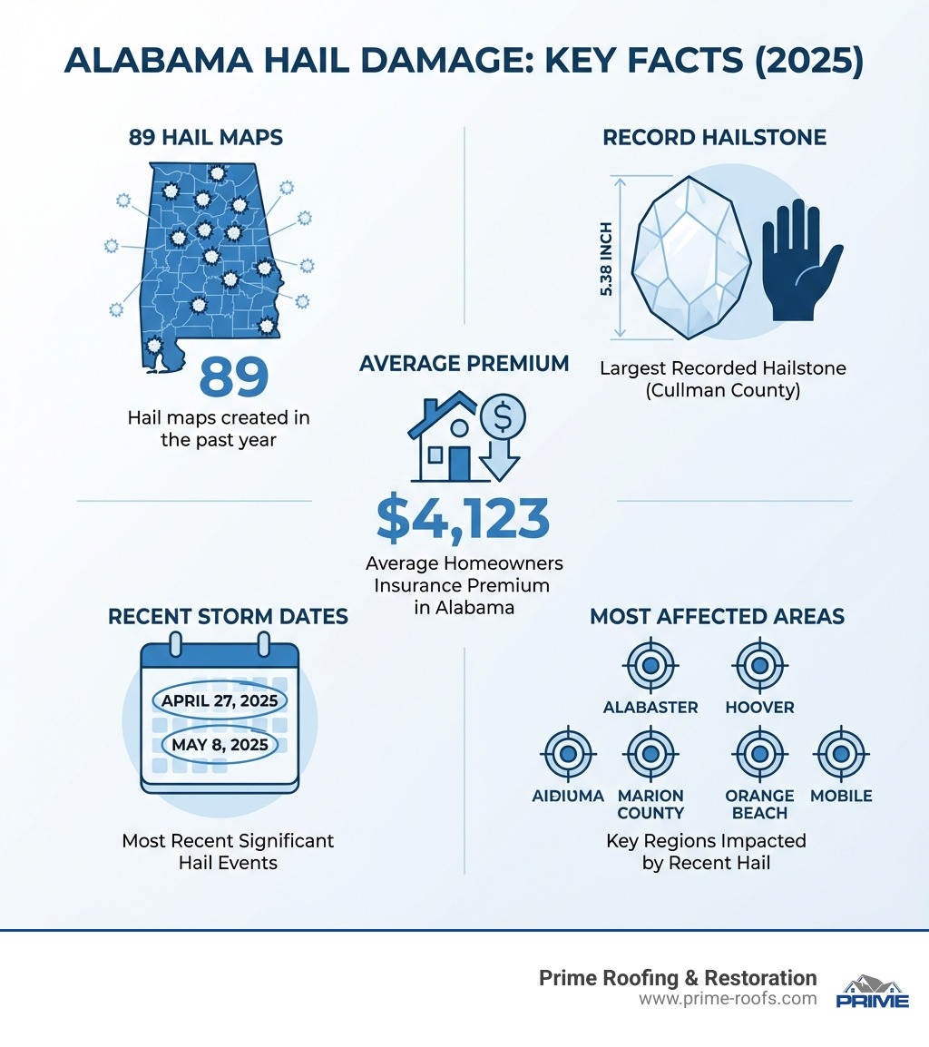 Alabama Hail Damage: Key Facts infographic showing 89 hail maps created in the past year, record 5.38-inch hailstone in Cullman County, average homeowners insurance premium of $4,123 in Alabama, recent storm dates of April 27 and May 8 2025, and most affected areas including Alabaster, Hoover, Marion County, Mobile, and Orange Beach - hail damage Alabama infographic 