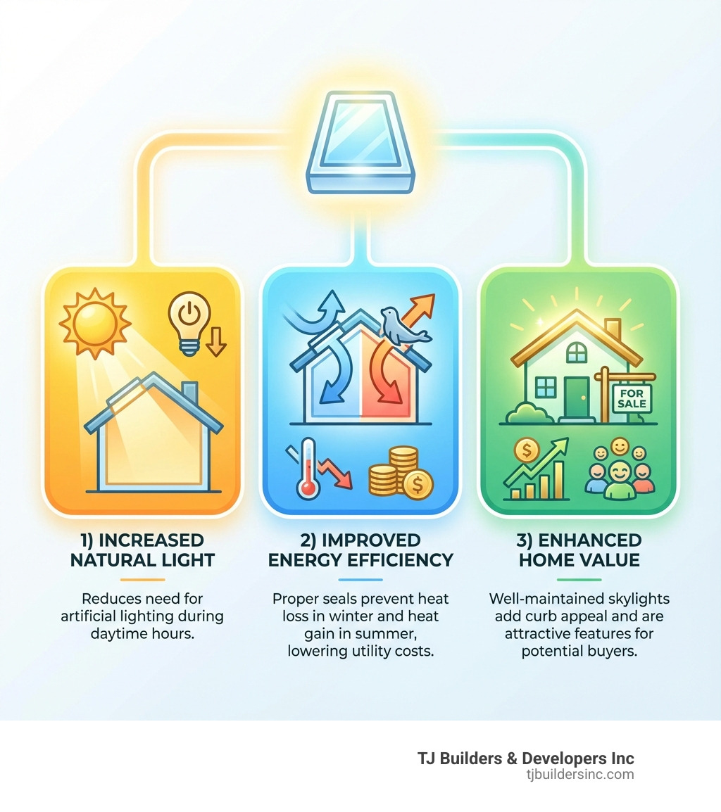 Infographic showing the three main benefits of a well-maintained skylight: 1) Increased Natural Light - reduces need for artificial lighting during daytime hours, 2) Improved Energy Efficiency - proper seals prevent heat loss in winter and heat gain in summer, lowering utility costs, 3) Enhanced Home Value - well-maintained skylights add curb appeal and are attractive features for potential buyers - Skylight repair Lakewood infographic 