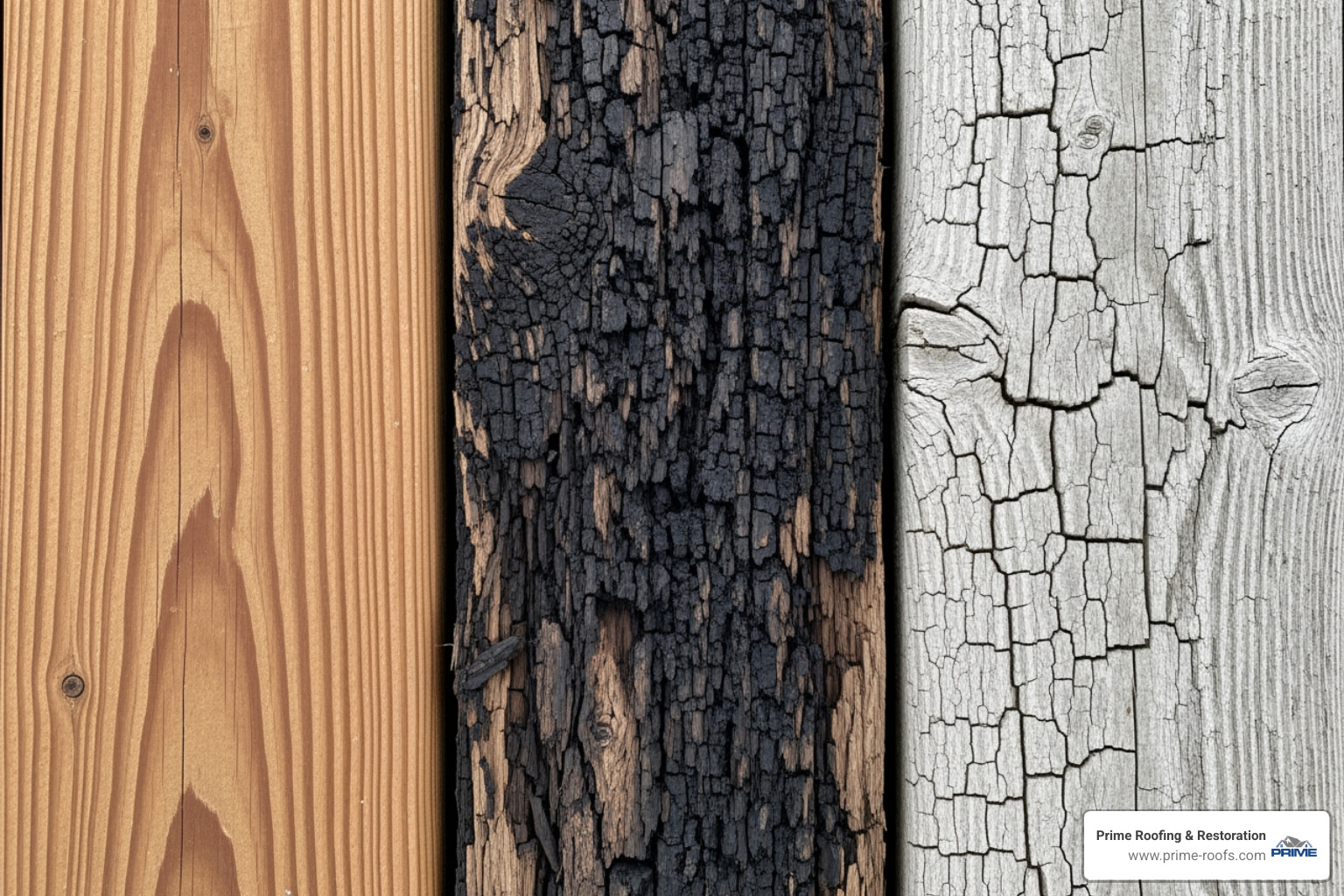 side-by-side comparison of healthy wood, wet rot, and dry rot on a roof deck - rotted wood roof repair