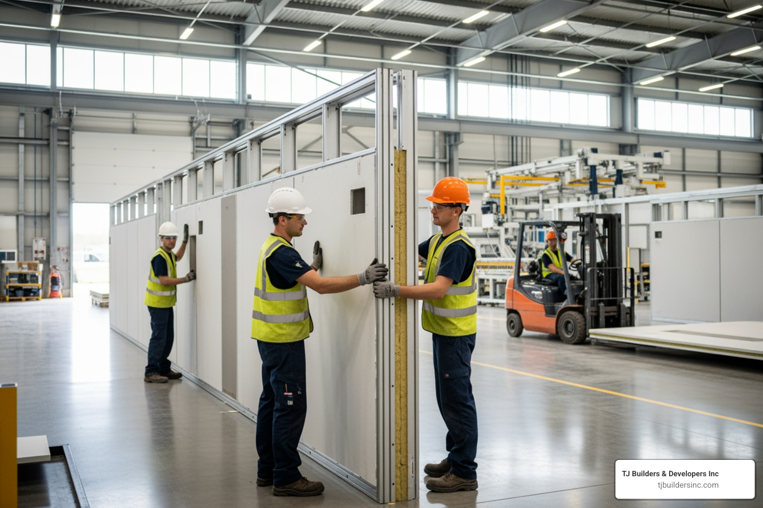 Prefabricated wall panels being assembled in a clean, indoor factory setting - prefab 2nd story addition