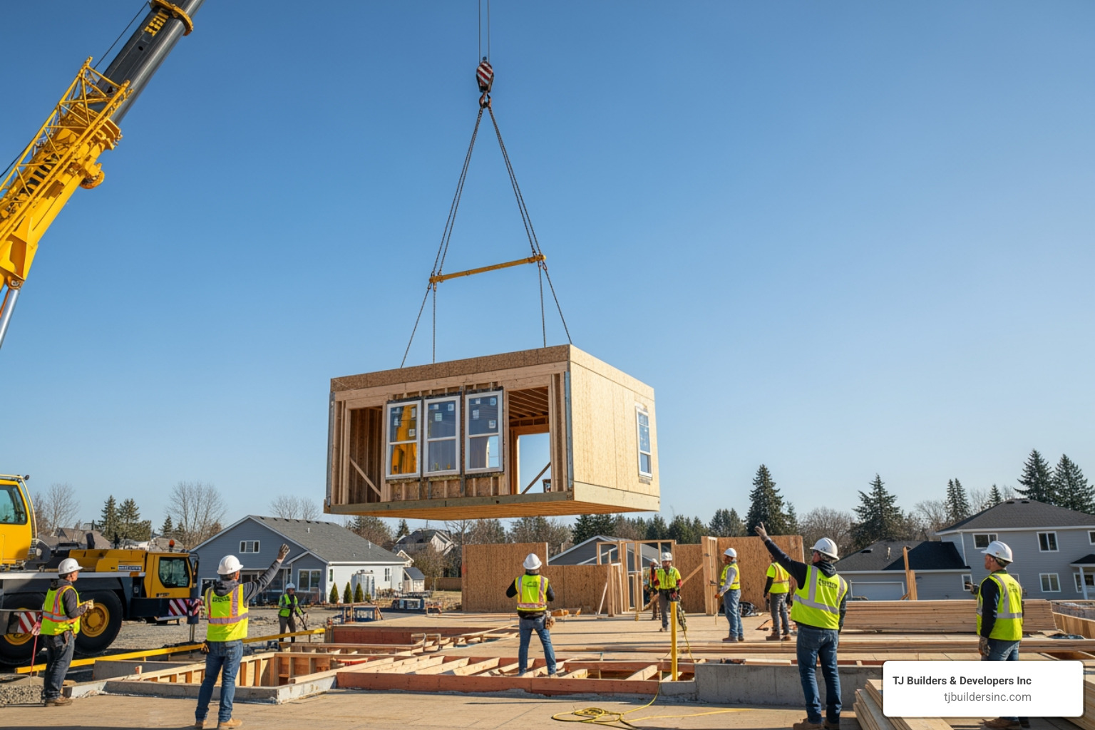 A large crane carefully lowering a prefabricated second-story module onto the prepared first floor of a house - prefab 2nd story addition