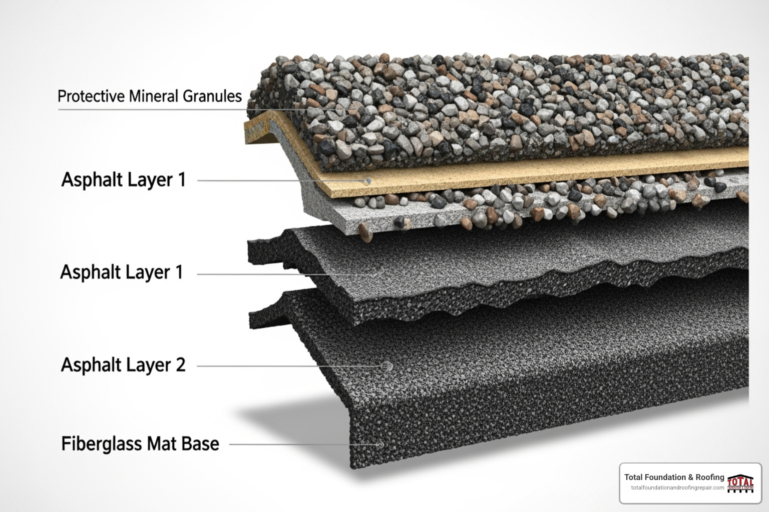 Cross-section of a multi-layer architectural shingle, highlighting the fiberglass mat, asphalt layers, and protective granules - best 50 year roof shingles