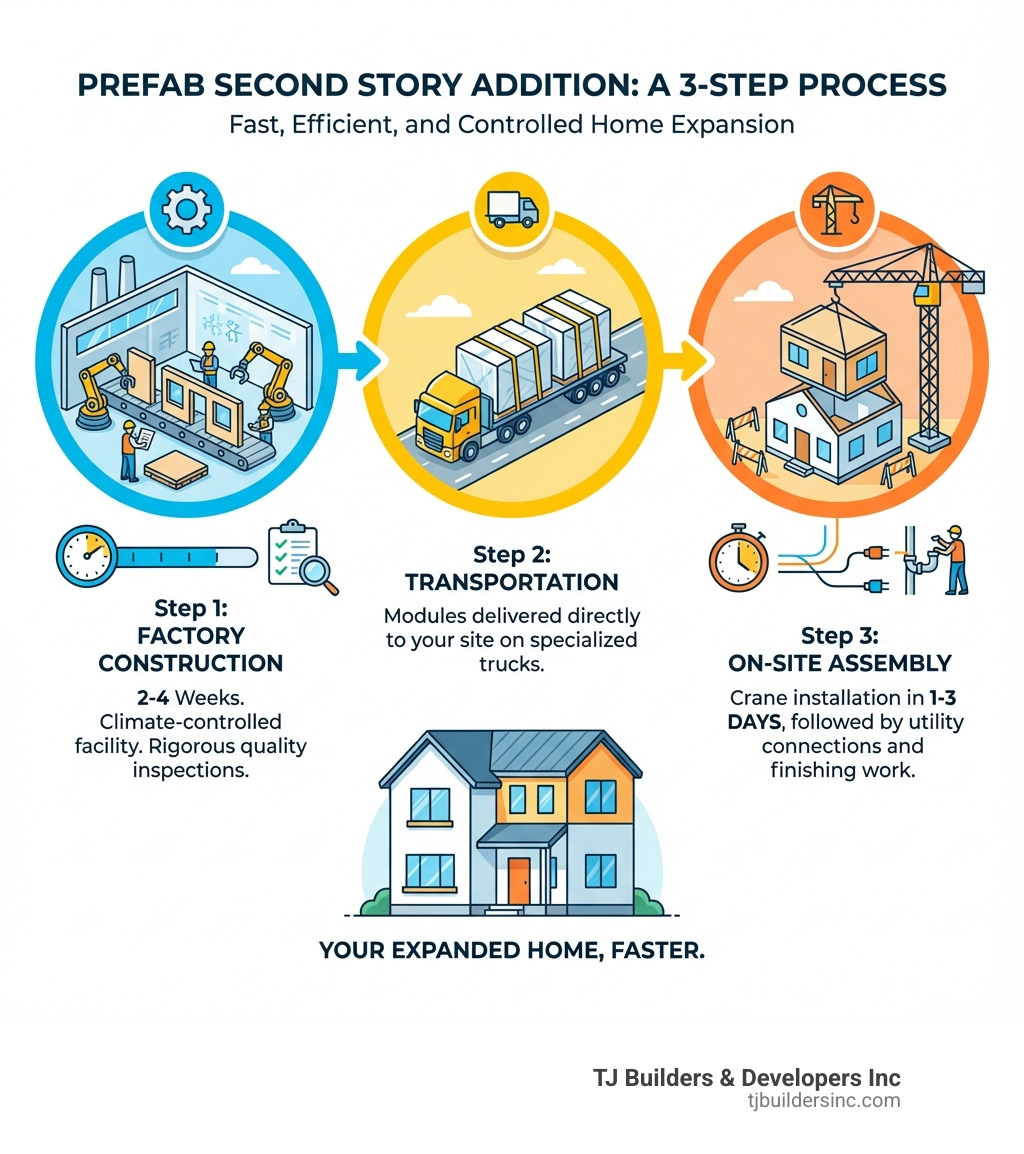 Infographic showing the prefab second story addition process: Step 1 - Factory Construction (2-4 weeks in climate-controlled facility with quality inspections), Step 2 - Transportation (modules delivered to your site on specialized trucks), Step 3 - On-Site Assembly (crane installation in 1-3 days, followed by utility connections and finishing work) - prefab 2nd story addition infographic 