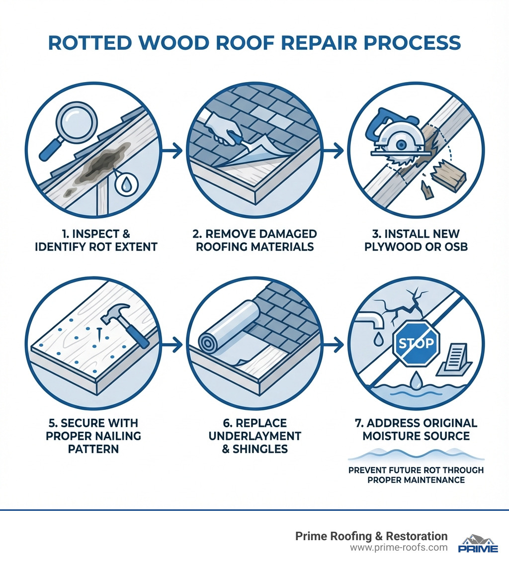Infographic showing the rotted wood roof repair process: 1) Inspect and identify rot extent, 2) Remove all damaged roofing materials down to sheathing, 3) Cut out rotted wood back to solid rafters, 4) Install new plywood or OSB matching original thickness, 5) Secure with proper nailing pattern, 6) Replace underlayment and shingles, 7) Address the original moisture source - rotted wood roof repair infographic 
