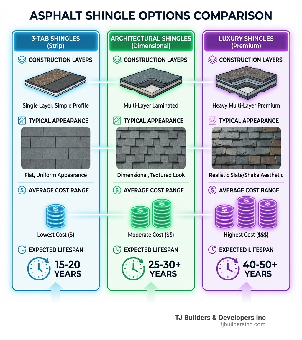 infographic showing three columns comparing 3-tab shingles, architectural shingles, and luxury shingles with their construction layers, typical appearance, average cost range, and expected lifespan - Asphalt shingle options infographic 