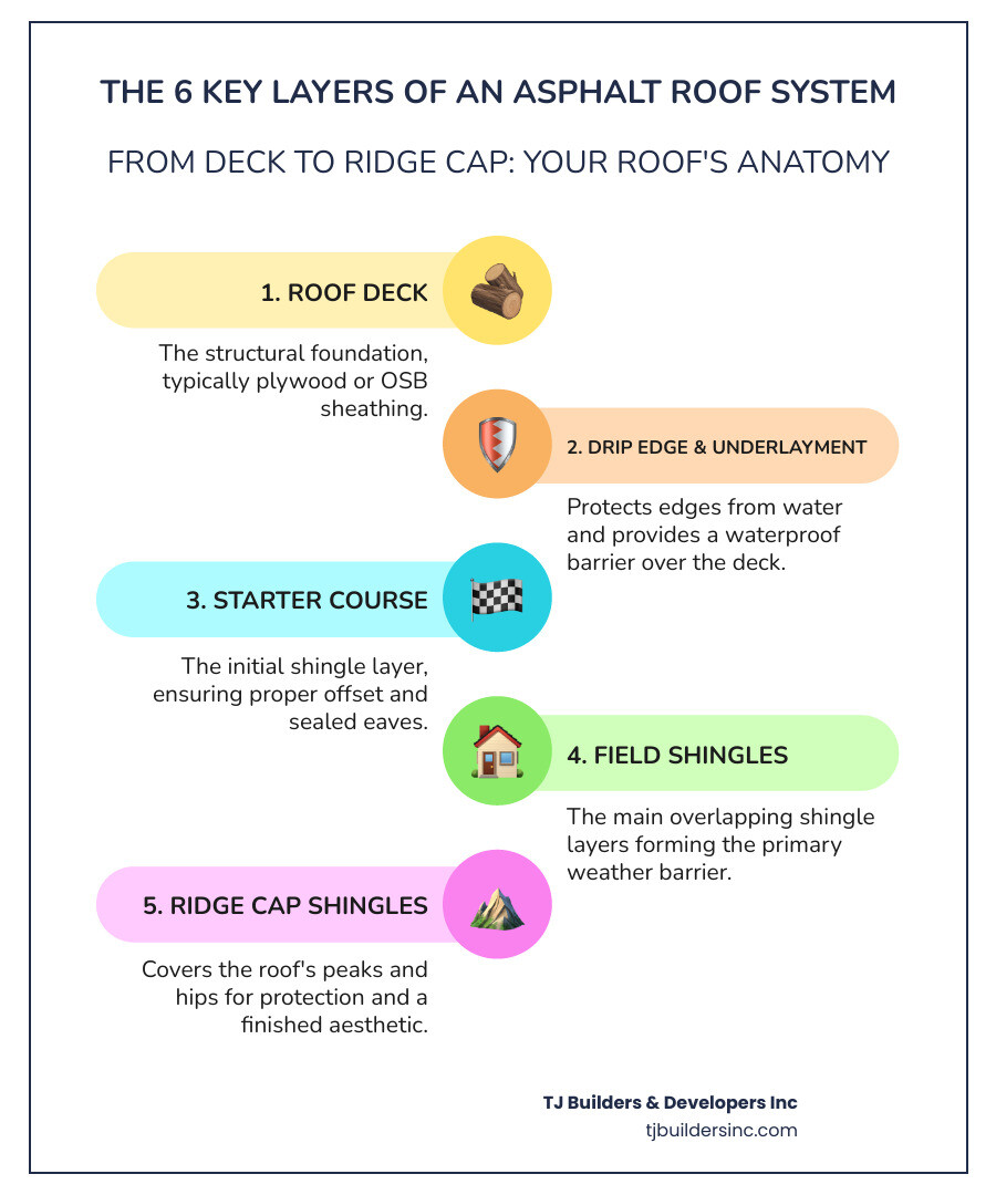 Infographic showing the 6 key layers of an asphalt roof system: 1) Roof deck (plywood or OSB sheathing), 2) Drip edge at eaves and rakes, 3) Underlayment (ice and water shield at vulnerable areas, felt or synthetic over the field), 4) Starter course along bottom edges, 5) Field shingles installed in overlapping courses with proper exposure and staggered pattern, 6) Ridge cap shingles at hips and peaks - Asphalt roof installation infographic infographic-line-5-steps-colors