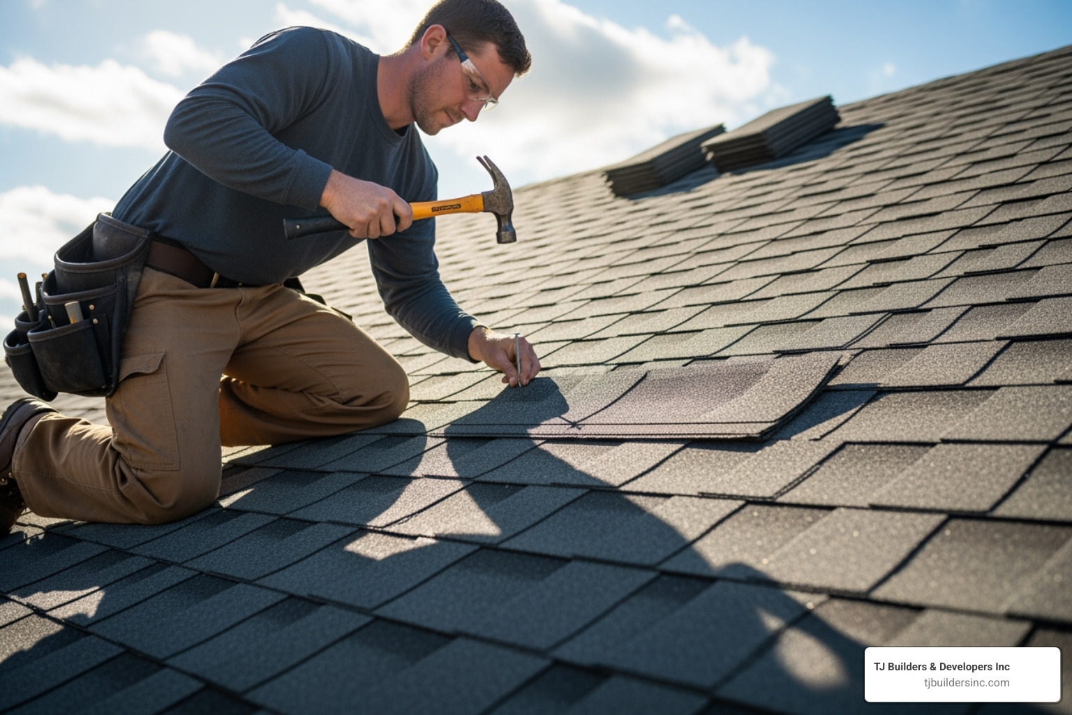 A roofer nailing down a shingle with proper form and placement - Asphalt roof installation