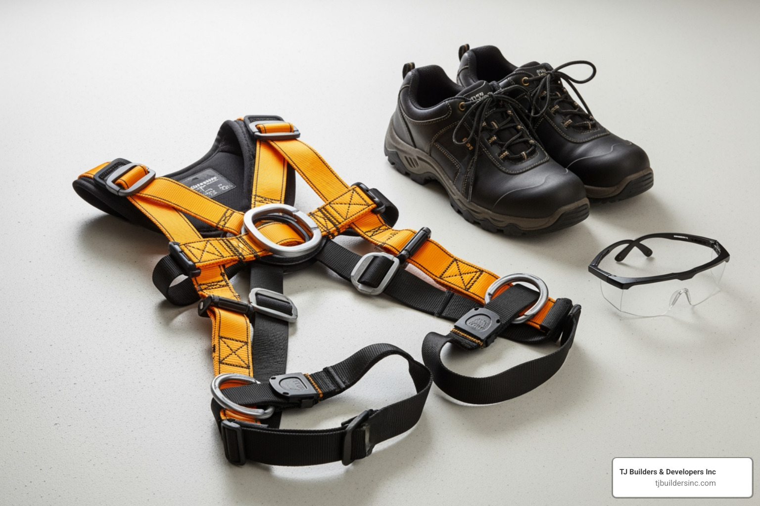 Roofing safety equipment laid out, including a harness, non-slip shoes, and safety glasses - Asphalt roof installation
