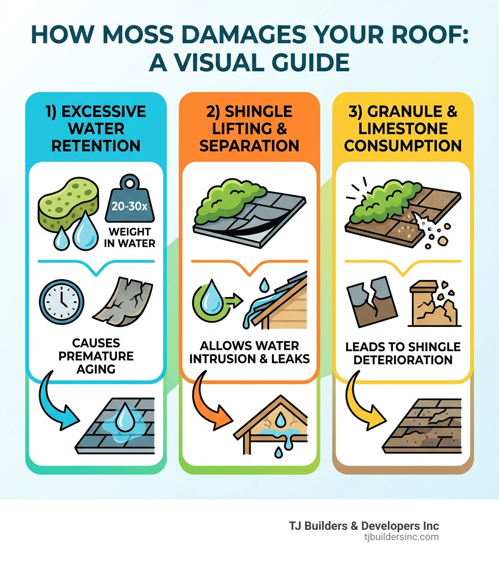 Infographic showing three ways moss damages roofs: 1) Holds 20-30x its weight in water causing premature aging, 2) Lifts and separates shingles allowing water intrusion and leaks, 3) Consumes protective granules and limestone leading to shingle deterioration - Moss removal roof infographic Infographic showing three ways moss damages roofs: 1) Holds 20-30x its weight in water causing premature aging, 2) Lifts and separates shingles allowing water intrusion and leaks, 3) Consumes protective granules and limestone leading to shingle deterioration - Moss removal roof infographic