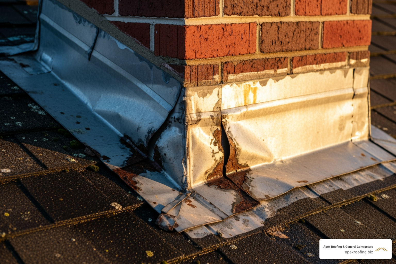 Severely cracked and deteriorated flashing around a brick chimney. - roof leak repair
