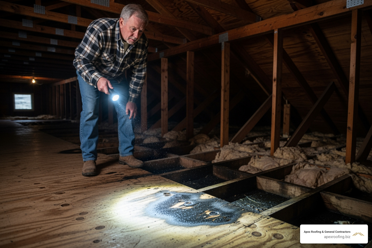 A homeowner in an attic shining a flashlight on wet, blackened plywood. - roof leak repair