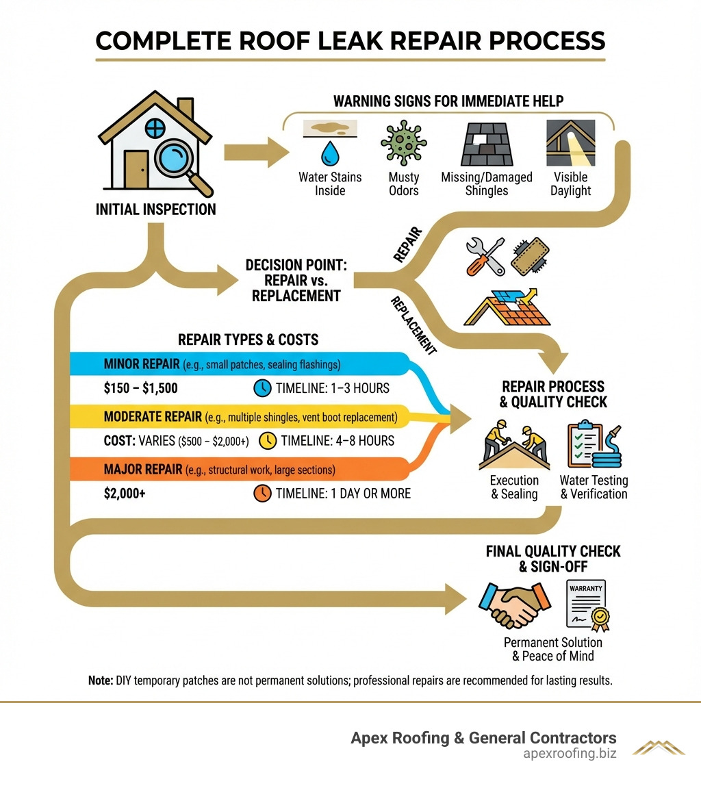 infographic showing the complete roof leak repair process from initial inspection through final quality check, including decision points for repair versus replacement, cost ranges for minor moderate and major repairs, typical timeline for each repair type, and warning signs that indicate immediate professional help is needed - roof leak repair infographic 