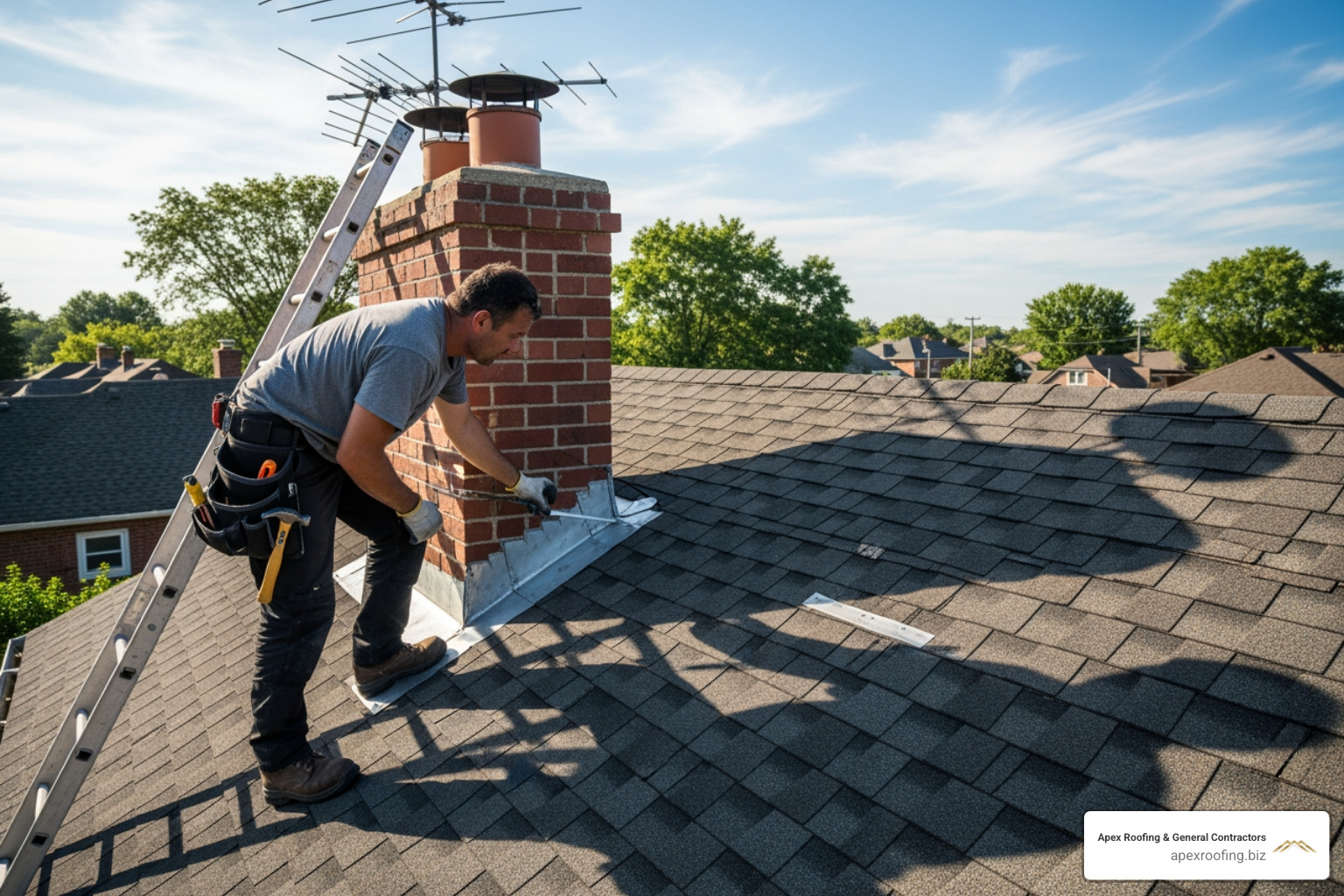 roofer inspecting chimney flashing - roof maintenance San Antonio