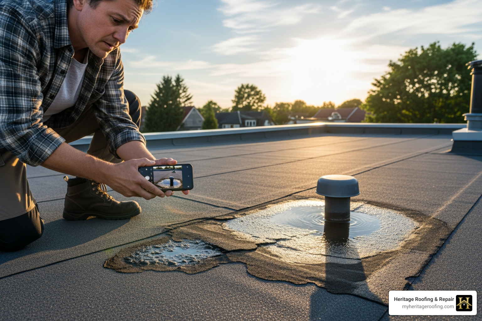 homeowner taking photos of a damaged flat roof with a smartphone - flat roof insurance claim homeowner taking photos of a damaged flat roof with a smartphone - flat roof insurance claim