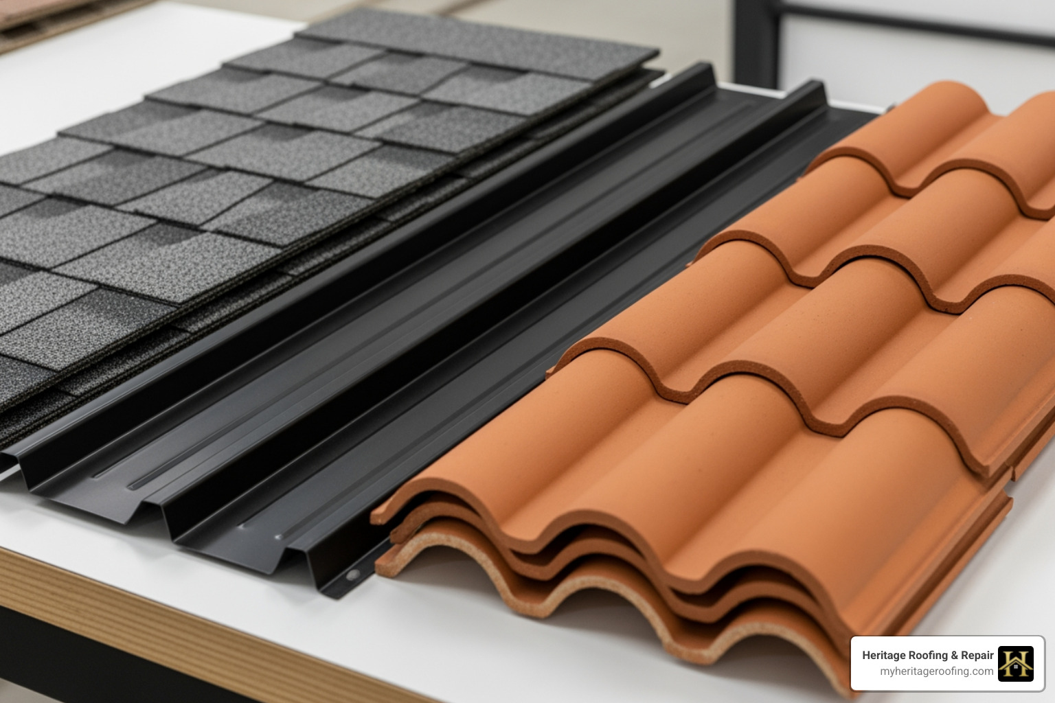 Various roofing material samples like asphalt shingles and metal panels - Fayetteville roofing company Various roofing material samples like asphalt shingles and metal panels - Fayetteville roofing company