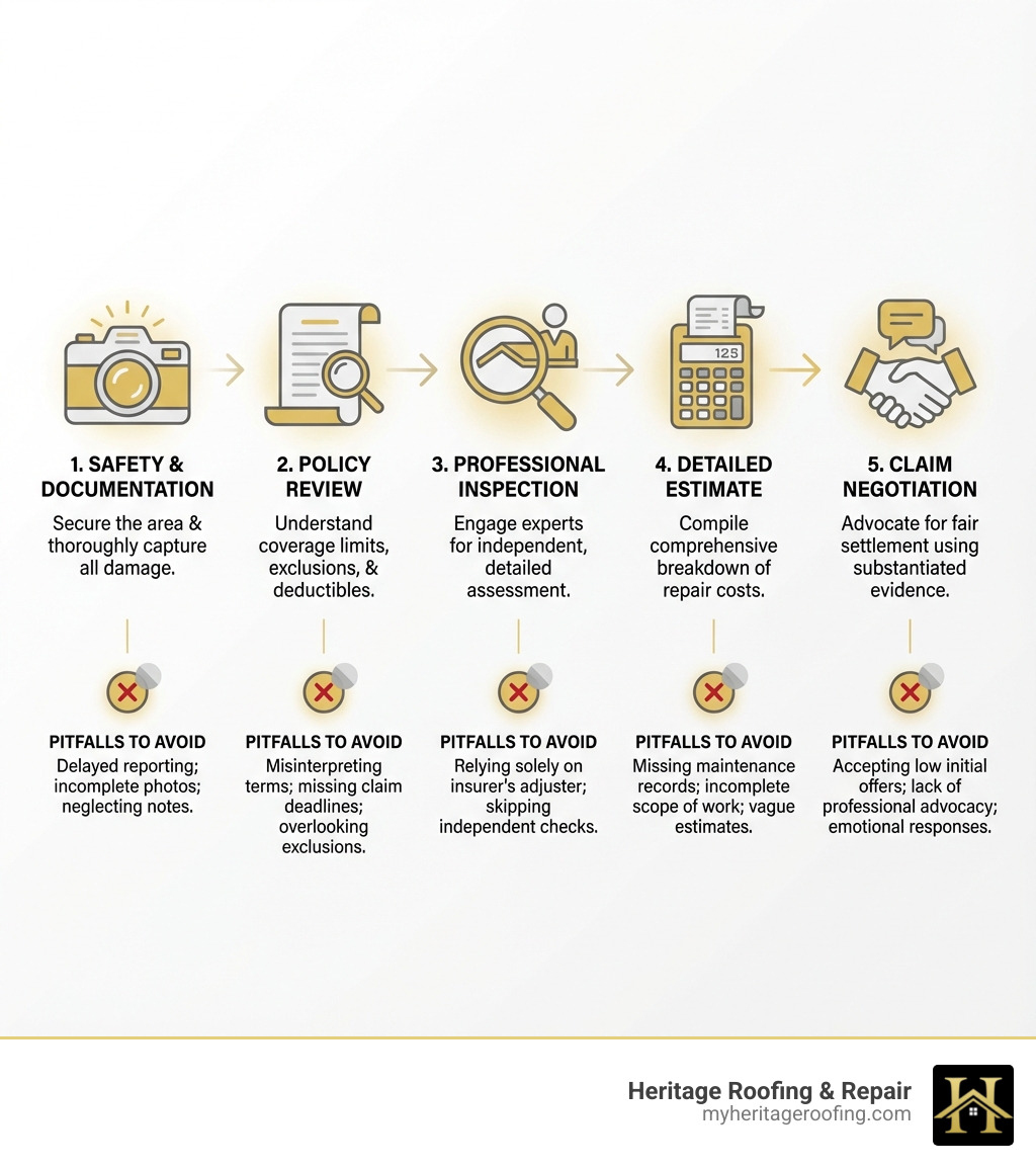 Infographic showing the flat roof insurance claim process: 1. Safety and documentation with camera icon, 2. Policy review with document icon, 3. Professional inspection with magnifying glass icon, 4. Detailed estimate with calculator icon, 5. Claim negotiation with handshake icon. Each step shows common pitfalls to avoid, such as delayed reporting, missing maintenance records, and accepting low initial offers. - flat roof insurance claim infographic Infographic showing the flat roof insurance claim process: 1. Safety and documentation with camera icon, 2. Policy review with document icon, 3. Professional inspection with magnifying glass icon, 4. Detailed estimate with calculator icon, 5. Claim negotiation with handshake icon. Each step shows common pitfalls to avoid, such as delayed reporting, missing maintenance records, and accepting low initial offers. - flat roof insurance claim infographic