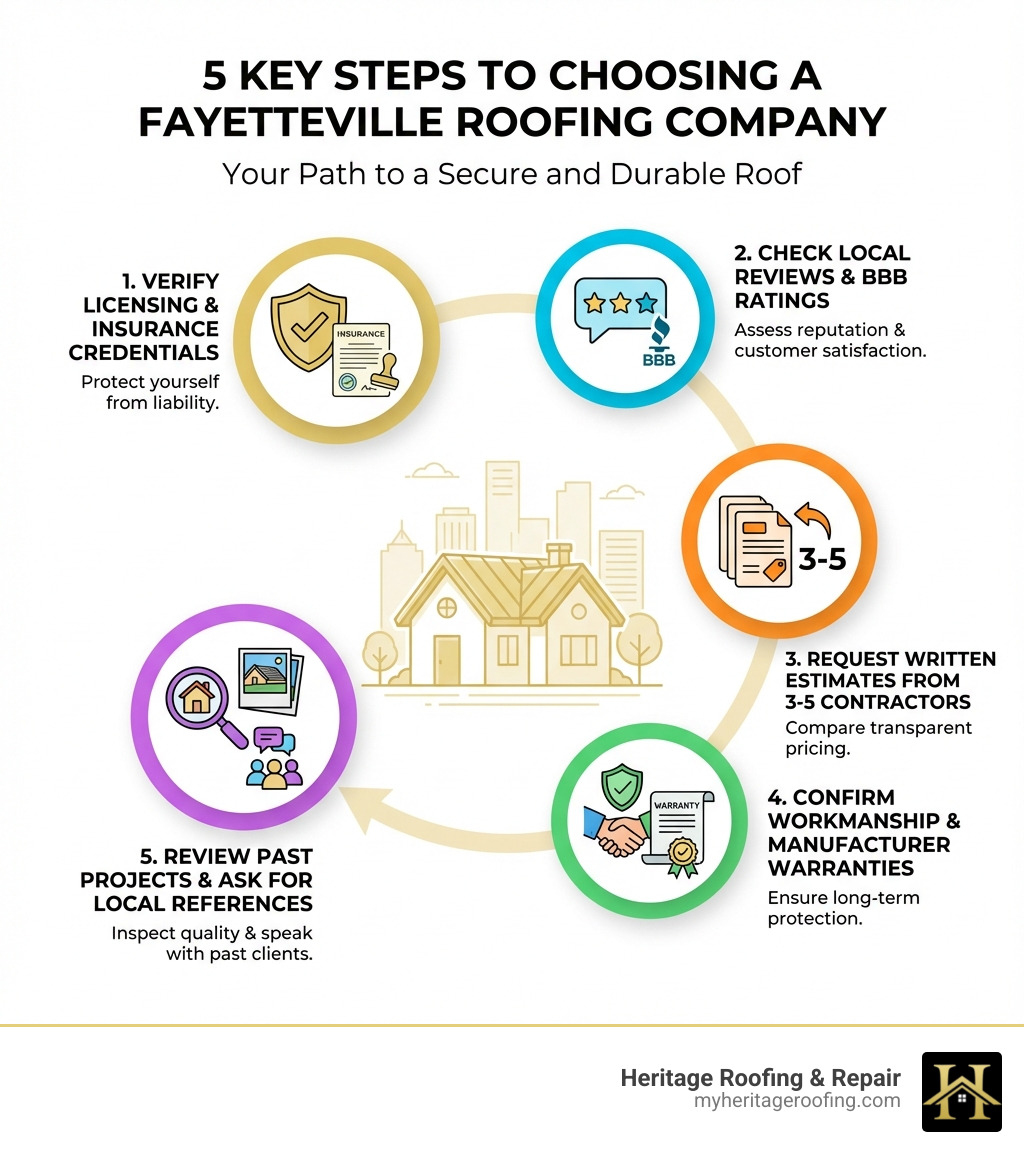 Infographic showing the 5 key steps to choosing a Fayetteville roofing company: 1. Verify licensing and insurance credentials, 2. Check local reviews and BBB ratings, 3. Request written estimates from 3-5 contractors, 4. Confirm workmanship and manufacturer warranties, 5. Review past projects and ask for local references - Fayetteville roofing company infographic Infographic showing the 5 key steps to choosing a Fayetteville roofing company: 1. Verify licensing and insurance credentials, 2. Check local reviews and BBB ratings, 3. Request written estimates from 3-5 contractors, 4. Confirm workmanship and manufacturer warranties, 5. Review past projects and ask for local references - Fayetteville roofing company infographic