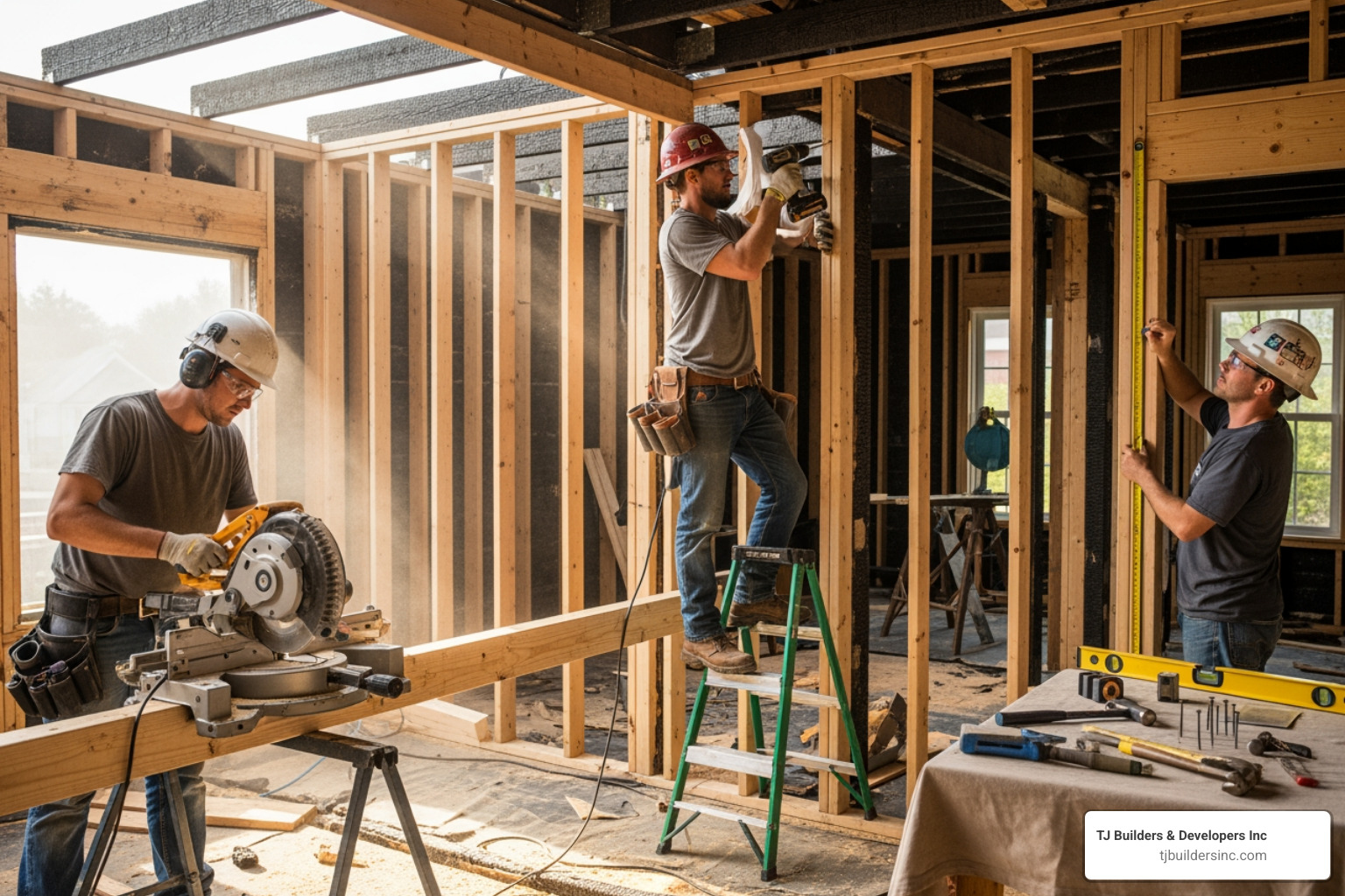 A construction crew rebuilding the frame of a fire-damaged room, illustrating the structural repair phase of restoration. - fire damage restoration gilbert
