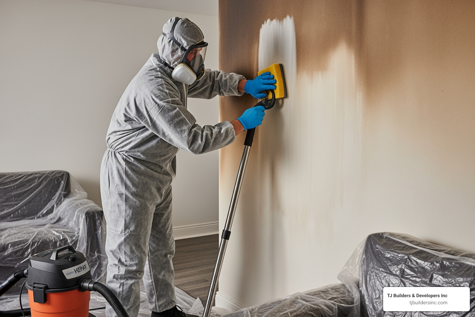 A restoration professional using specialized equipment to clean a smoke-stained wall, highlighting the meticulous process of soot removal. - fire damage restoration gilbert
