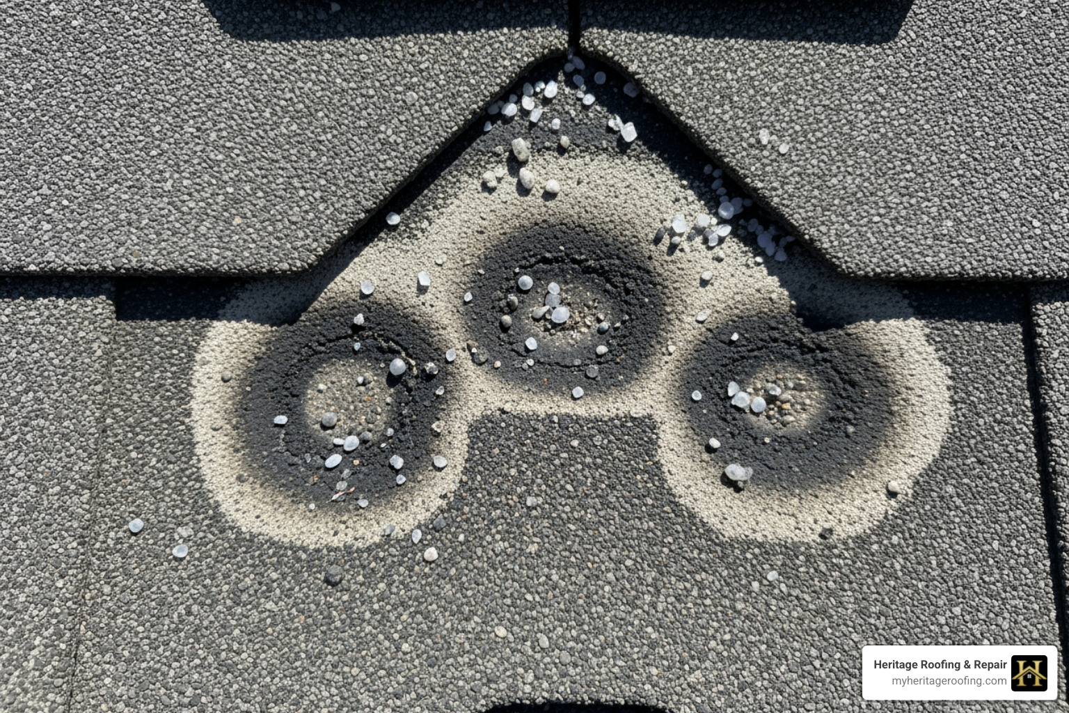 a close-up of a hail-damaged asphalt shingle with granule loss and bruising - home hail damage repair