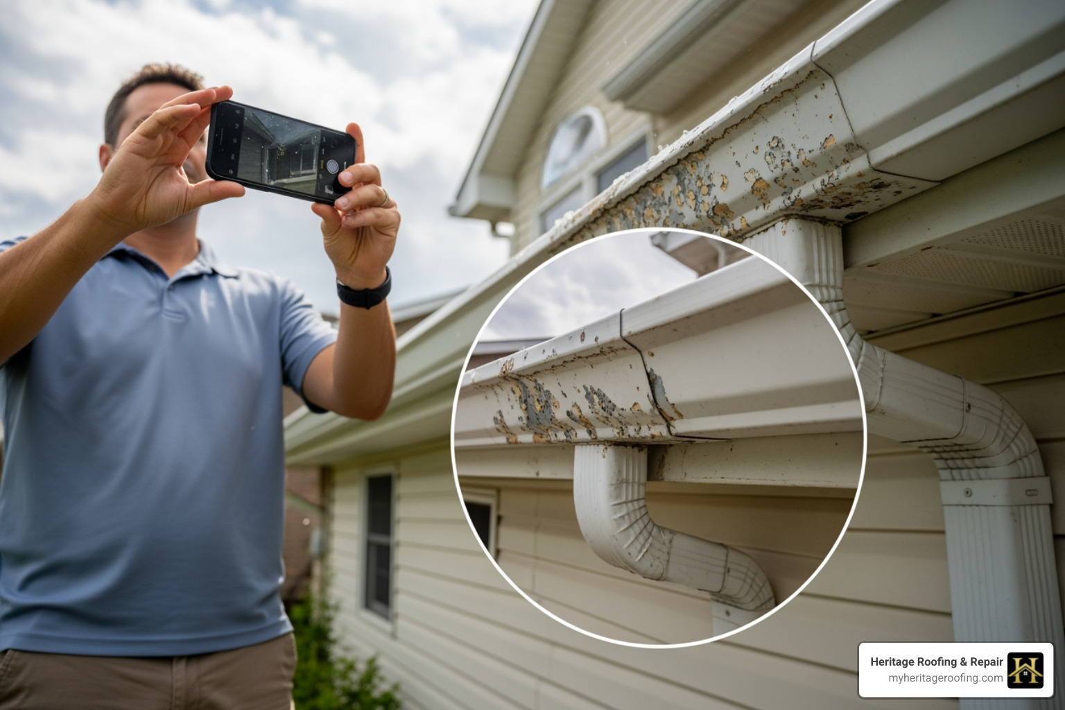 a homeowner safely on the ground, taking photos of dented gutters and downspouts with a smartphone - home hail damage repair