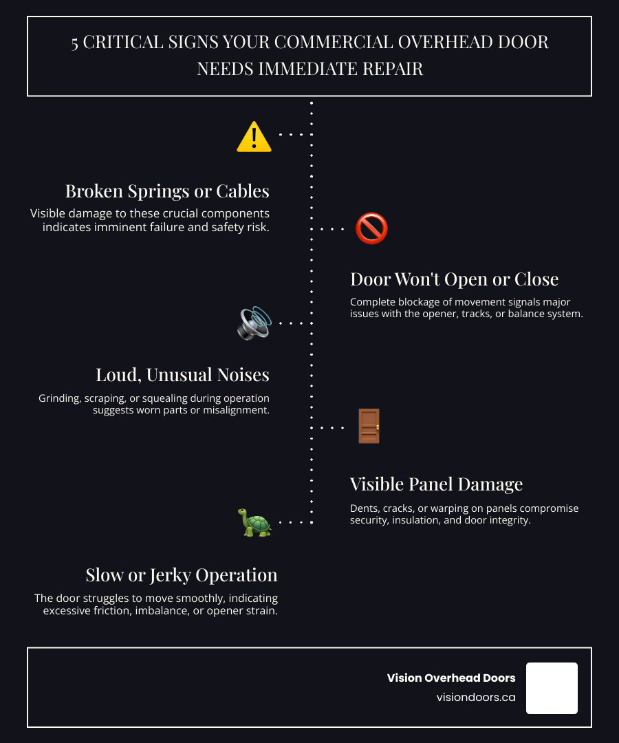 Infographic showing 5 critical signs your commercial overhead door needs immediate repair: broken springs or cables, door won't fully open or close, unusual grinding or scraping sounds during operation, visible panel damage or warping, and door operating significantly slower than normal - commercial overhead door repair vernon bc infographic infographic-line-5-steps-dark 5 critical signs your commercial overhead door needs immediate repair: broken springs or cables, door won't open or close, loud unusual noises, visible panel damage, slow or jerky operation, Vision Overhead Doors.