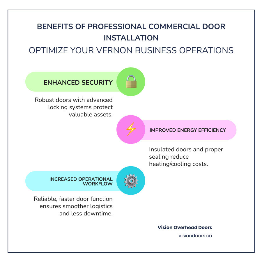 Infographic showing the key benefits of professional commercial overhead door installation: improved security through advanced locking systems and durable materials, enhanced energy efficiency with insulated door options and proper sealing, increased operational workflow via faster door speeds and reduced maintenance downtime, and long-term cost savings from preventative maintenance programs - commercial overhead door installation vernon bc infographic infographic-line-3-steps-colors Benefits of professional commercial door installation infographic highlighting enhanced security, improved energy efficiency, and increased operational workflow for businesses in Vernon, BC, by Vision Overhead Doors.