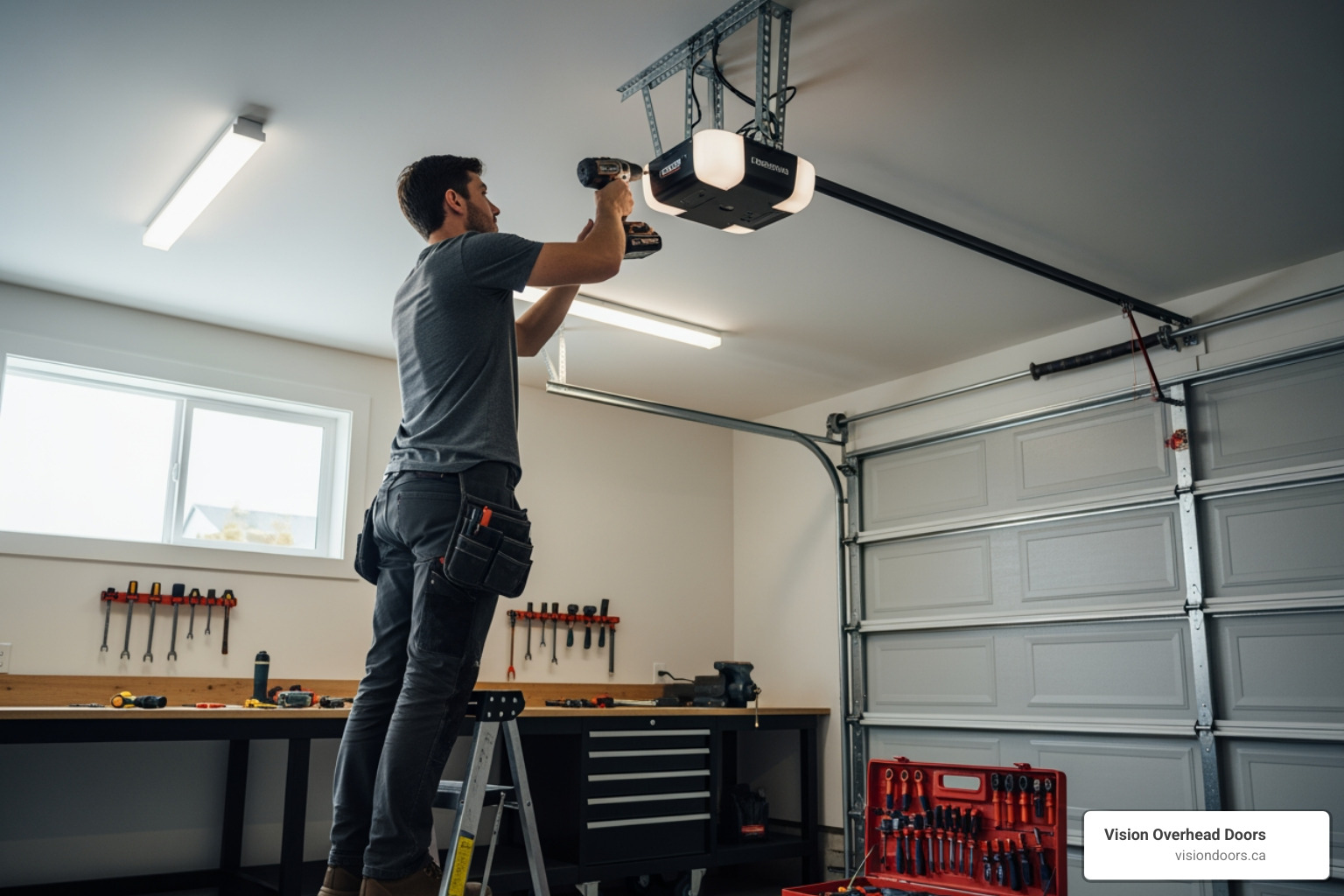 infographic showing benefits of modern garage door openers including smart technology features, quiet belt drive operation, enhanced security with rolling codes, battery backup for power outages, and smartphone monitoring capabilities with typical installation timeline of 2-4 hours - garage door opener installation vernon bc Man installing a modern garage door opener using a power drill, with tools and a workbench visible in a well-lit garage setting, emphasizing professional installation services by Vision Overhead Doors in Vernon, BC.