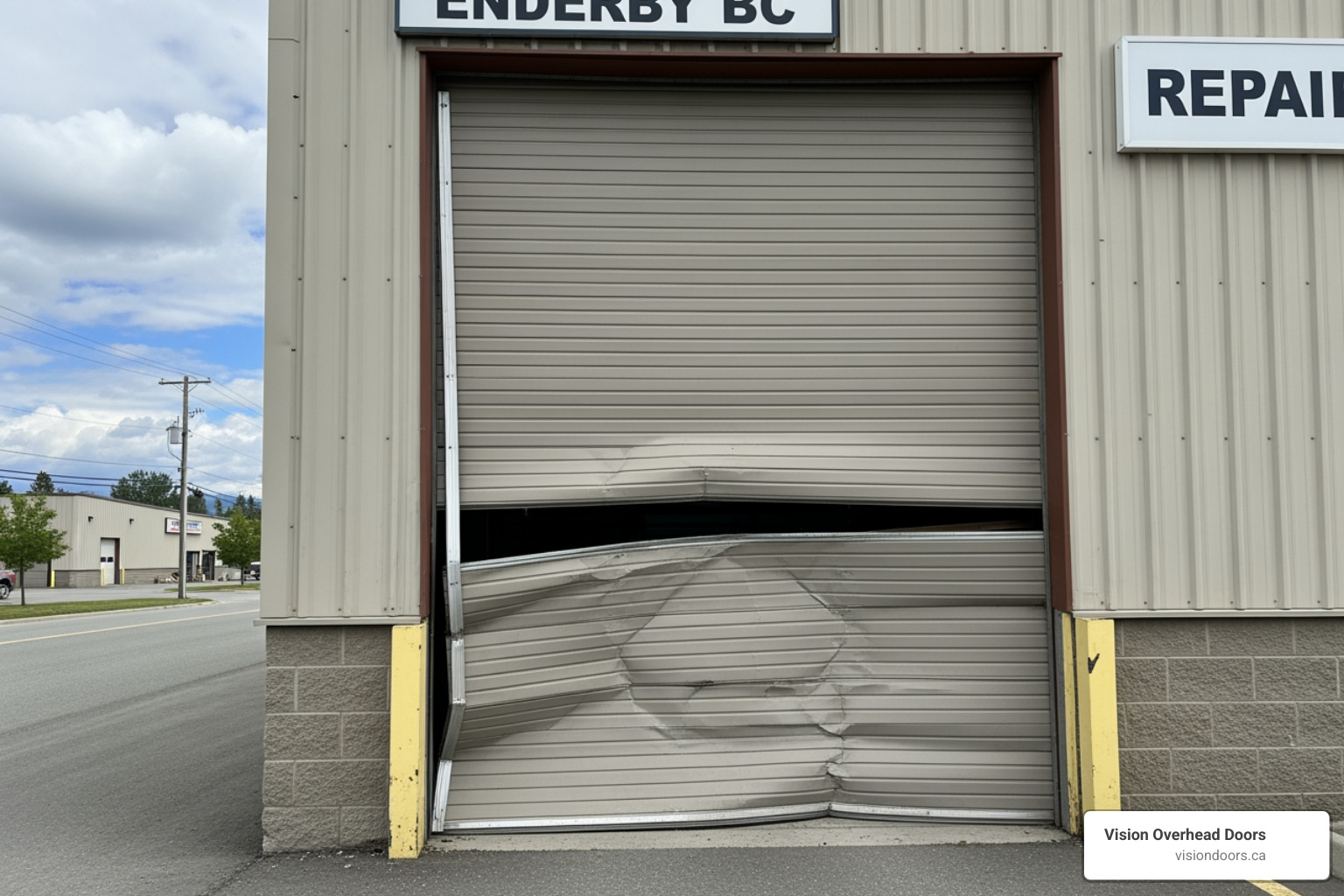Infographic showing the key components of a commercial overhead door system including torsion springs, cables, rollers, tracks, panels, opener mechanism, safety sensors, and weather sealing, with labels indicating common failure points and maintenance requirements for each component - commercial overhead door repair enderby bc Damaged commercial overhead door at Vision Overhead Doors in Enderby, BC, showing significant dents and misalignment, highlighting the need for immediate repair services.