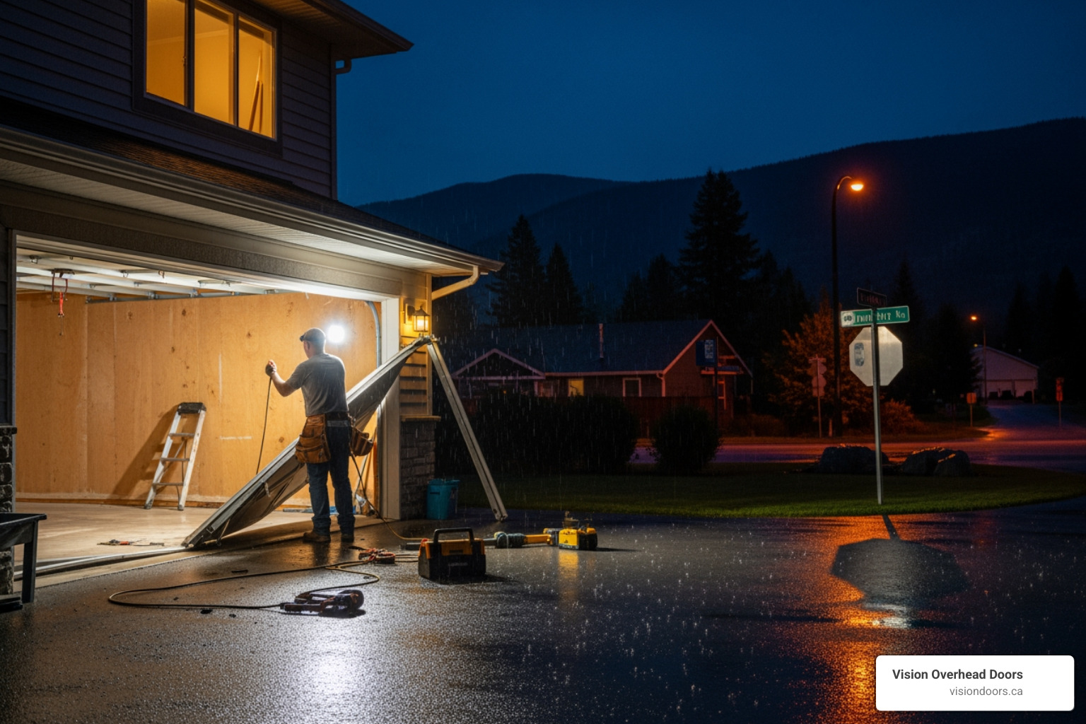 Infographic showing the difference between garage door emergencies (broken springs, off-track doors, unresponsive openers, panel damage, fast-closing doors) versus non-urgent issues (minor noise, slow response, cosmetic wear), with clear safety icons and immediate action steps for each emergency scenario - emergency garage door services vernon bc Garage door technician working in the rain at night, repairing a garage door with tools and equipment, illuminated by a work light, showcasing emergency service readiness in Vernon, BC.