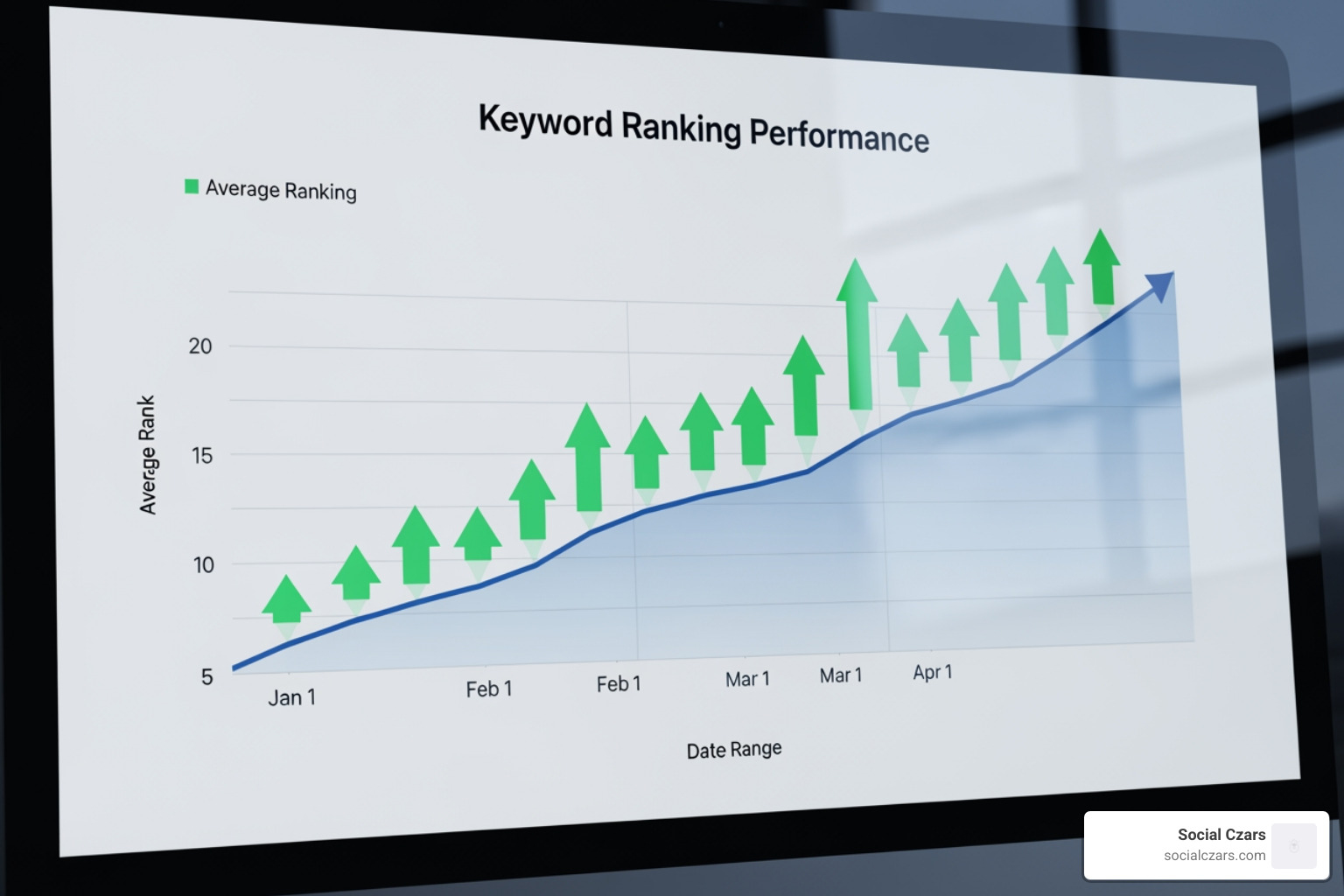 Dashboard showing keyword ranking improvements over time with green arrows for upward movement - Push down negative search results
