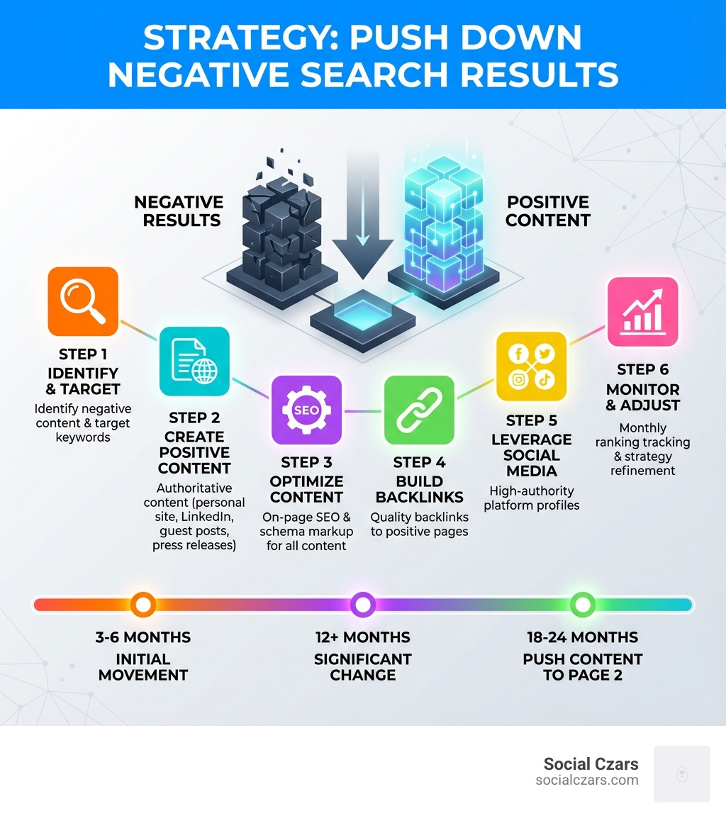 Infographic showing the strategy to push down negative search results: Step 1 - Identify negative content and target keywords. Step 2 - Create authoritative positive content (personal website, LinkedIn, guest posts, press releases). Step 3 - Optimize all content with on-page SEO and schema markup. Step 4 - Build quality backlinks to positive pages. Step 5 - Leverage social media profiles on high-authority platforms. Step 6 - Monitor rankings monthly and adjust strategy. Timeline: 3-6 months for initial movement, 12+ months for significant change, 18-24 months to push content to page 2. - Push down negative search results infographic 