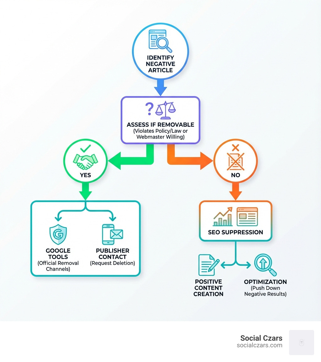 infographic showing decision tree: identify negative article, assess if removable (violates policy/law or webmaster willing), if yes pursue direct removal through Google tools or publisher contact, if no pursue SEO suppression through positive content creation and optimization - Remove negative articles from Google infographic 