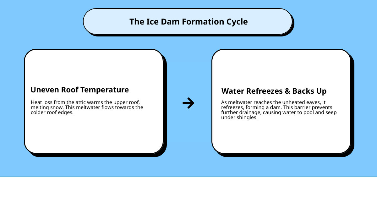 infographic showing cross-section of a house roof with labeled parts: warm attic air rising, snow melting on upper roof, water flowing down, refreezing at cold eaves to form ice dam, and water backing up under shingles into the home - Ice dam removal infographic cause_effect_text