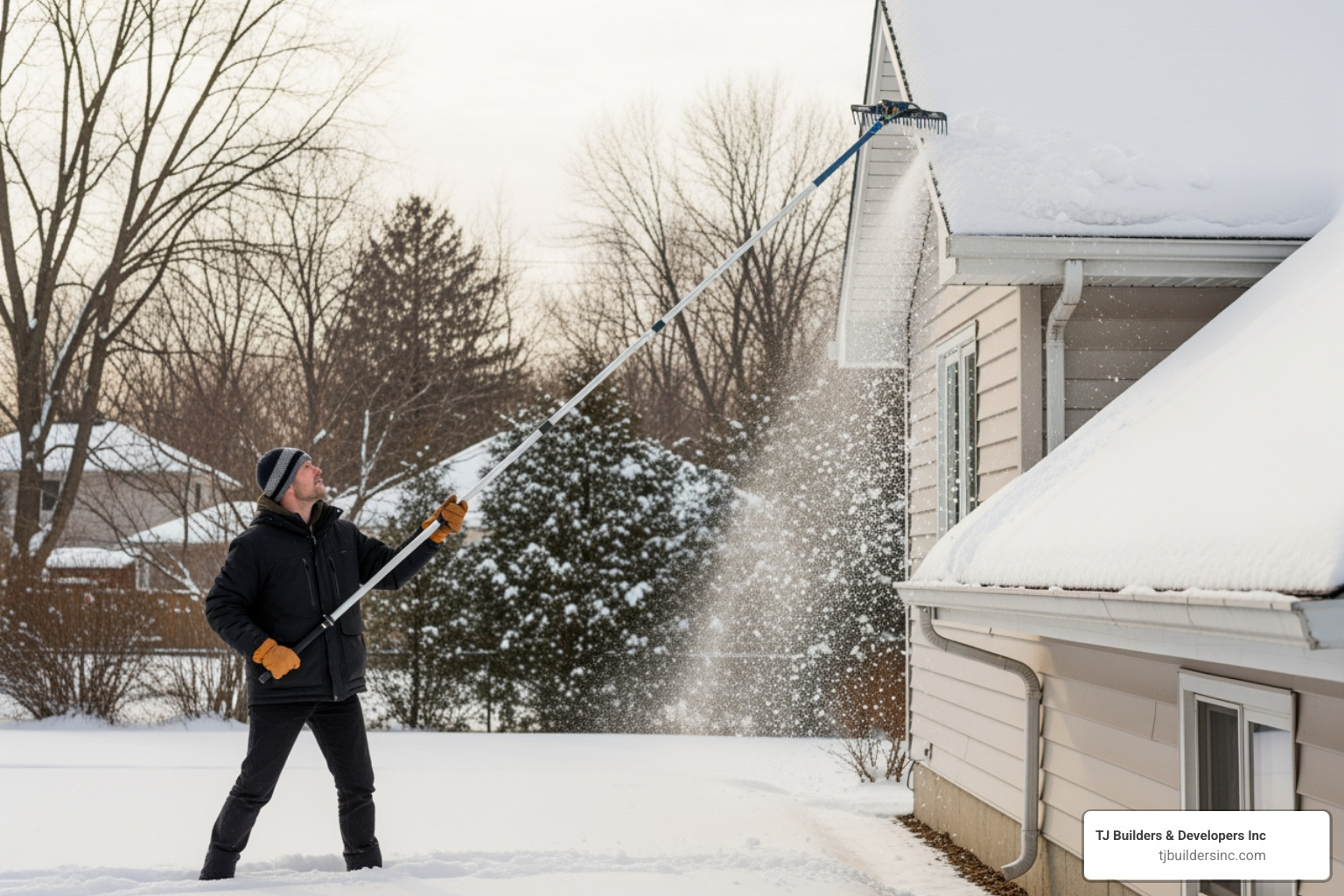 person using roof rake from ground - Ice dam removal