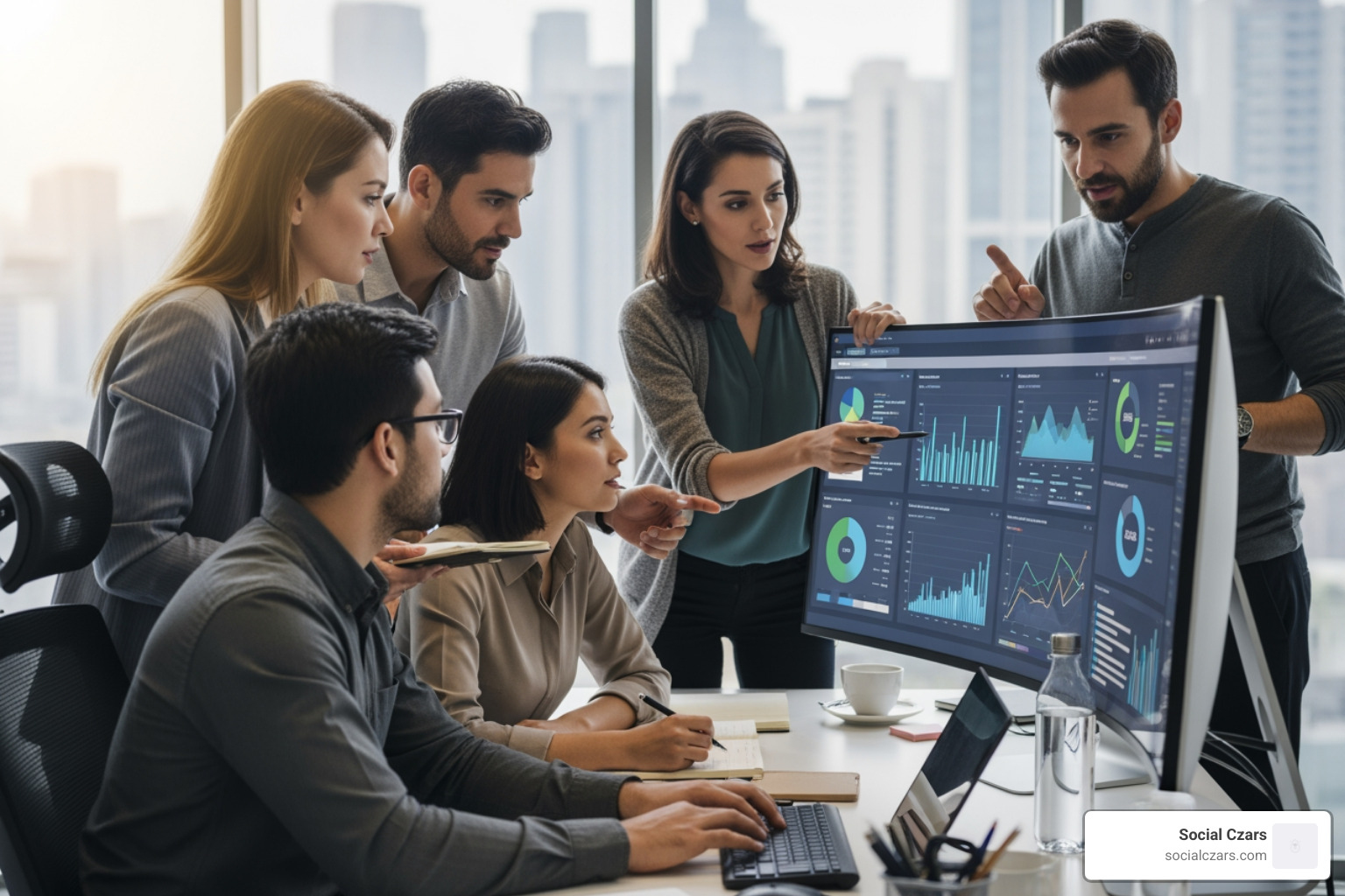 team collaborating around a computer screen showing analytics - Miami CEO reputation repair