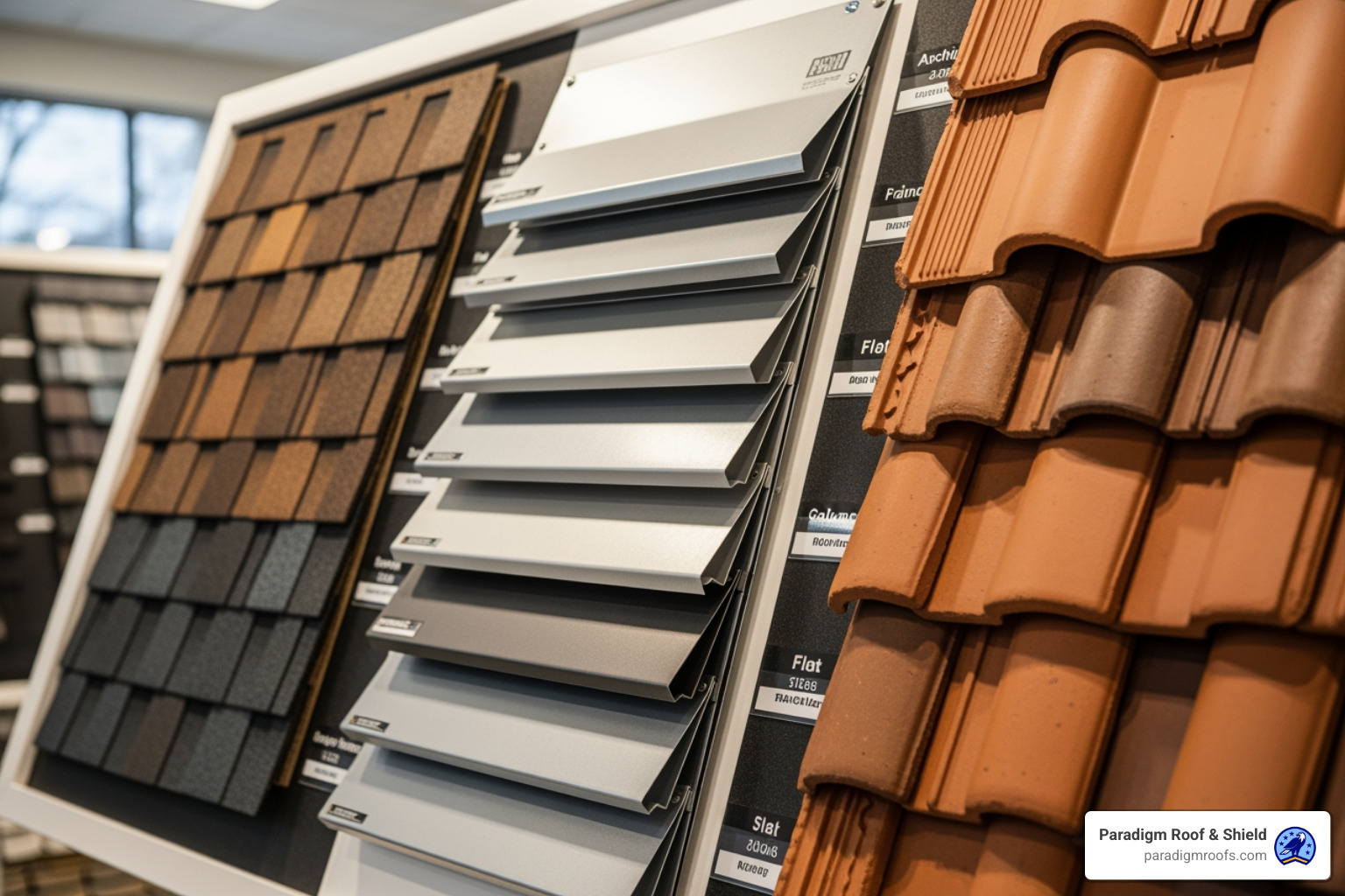 Sample board with asphalt shingles, metal panels, and tile options - roof replacement Sample board with asphalt shingles, metal panels, and tile options - roof replacement