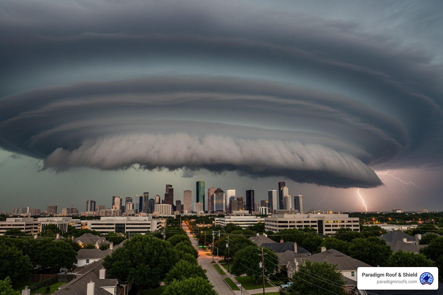 Dramatic storm clouds forming over a Houston suburban skyline - local roofers houston Dramatic storm clouds forming over a Houston suburban skyline - local roofers houston