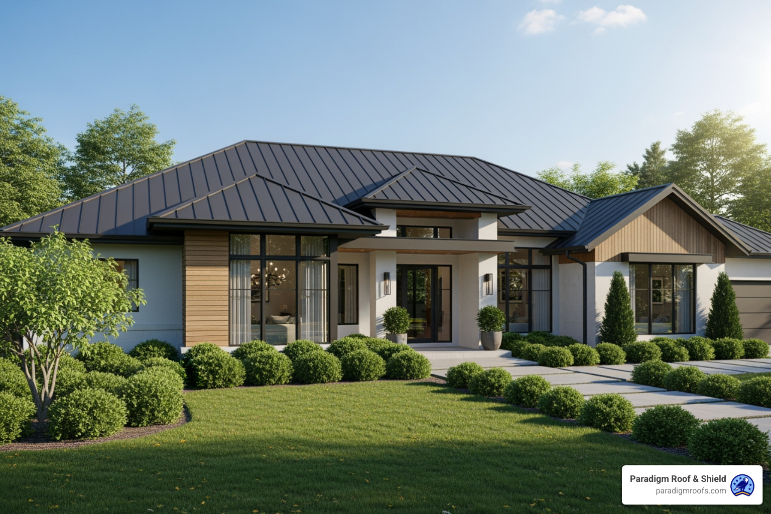 Modern standing seam metal roof on a home - 50 year roof shingle cost material and labor cost calculator Modern standing seam metal roof on a home - 50 year roof shingle cost material and labor cost calculator