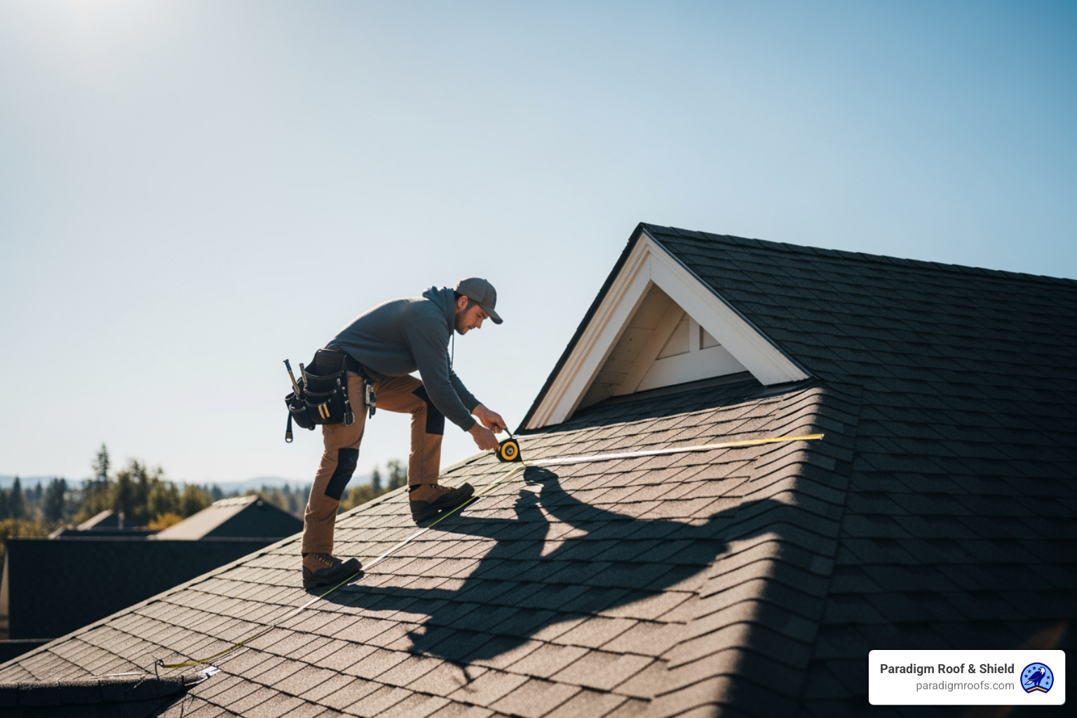 Roofer measuring a roof section for calculation - 50 year roof shingle cost material and labor cost calculator Roofer measuring a roof section for calculation - 50 year roof shingle cost material and labor cost calculator